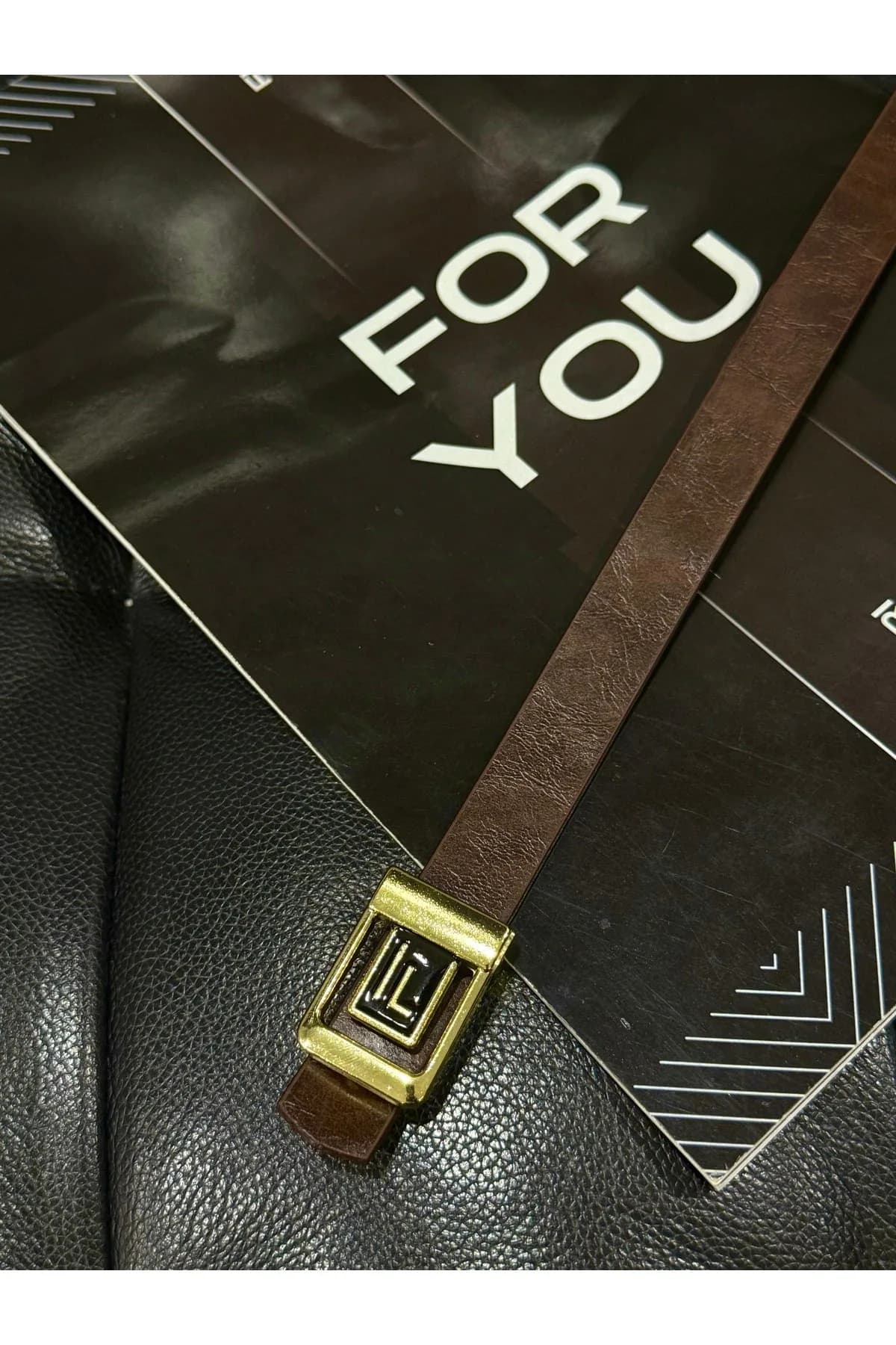 F Logolu Gold Tokalı Kadın Kemeri, Gold Kadın Kemeri, Pantolon Kemeri, Ceket Kemeri - Kahve