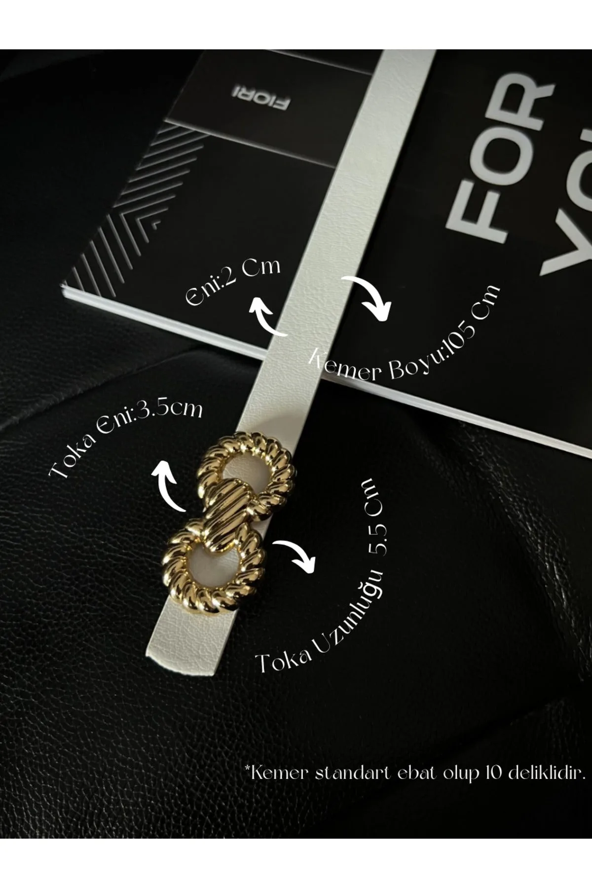 Burgu Gold Tokalı Beyaz İnce Kadın Kemeri, Ceket Kemeri, Gömlek Kemeri, Elbise Kemeri - Beyaz