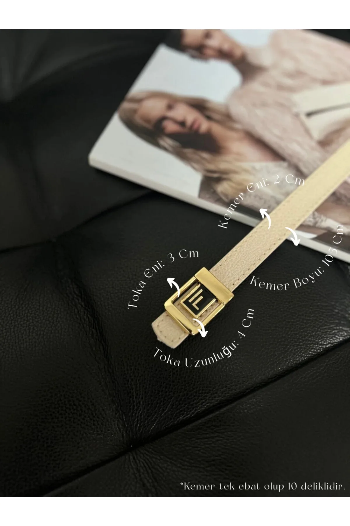 F Logolu Gold Tokalı Bej Kadın Kemeri, Gold Kadın Kemeri, Pantolon Kemeri, Ceket Kemeri - Bej
