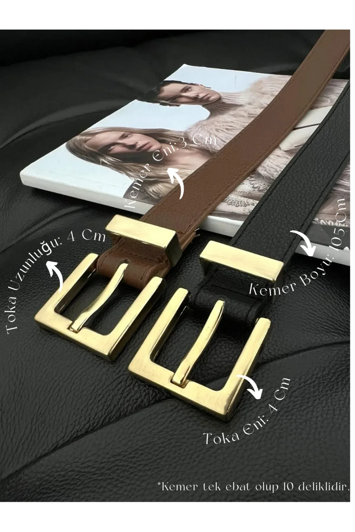 2'li Kare Tokalı Köprülü Kadın Kemeri, Pantolon Kemeri, Ceket Kemeri, Elbise Kemeri - Siyah&Taba-Gold