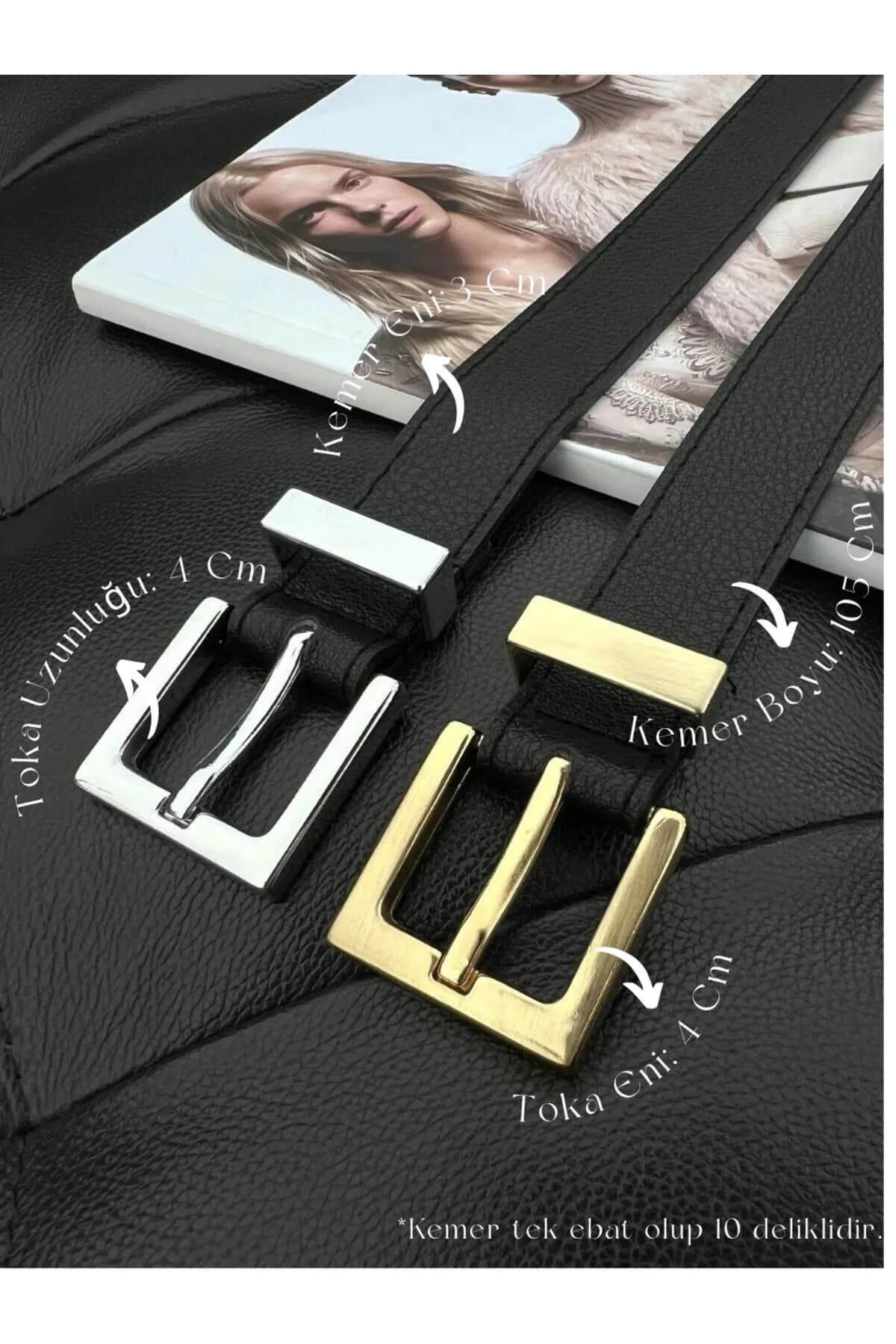 2'li Kare Tokalı Köprülü Kadın Kemeri, Pantolon Kemeri, Ceket Kemeri, Elbise Kemeri - Siyah-Gold&Gümüş