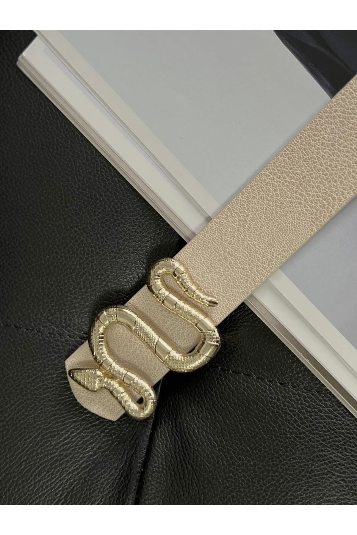 Yılan Tokalı Kadın Pantolon Kemeri, Ceket Kemeri, Elbise Kemeri, Gömlek Kemeri - BEJ-GOLD