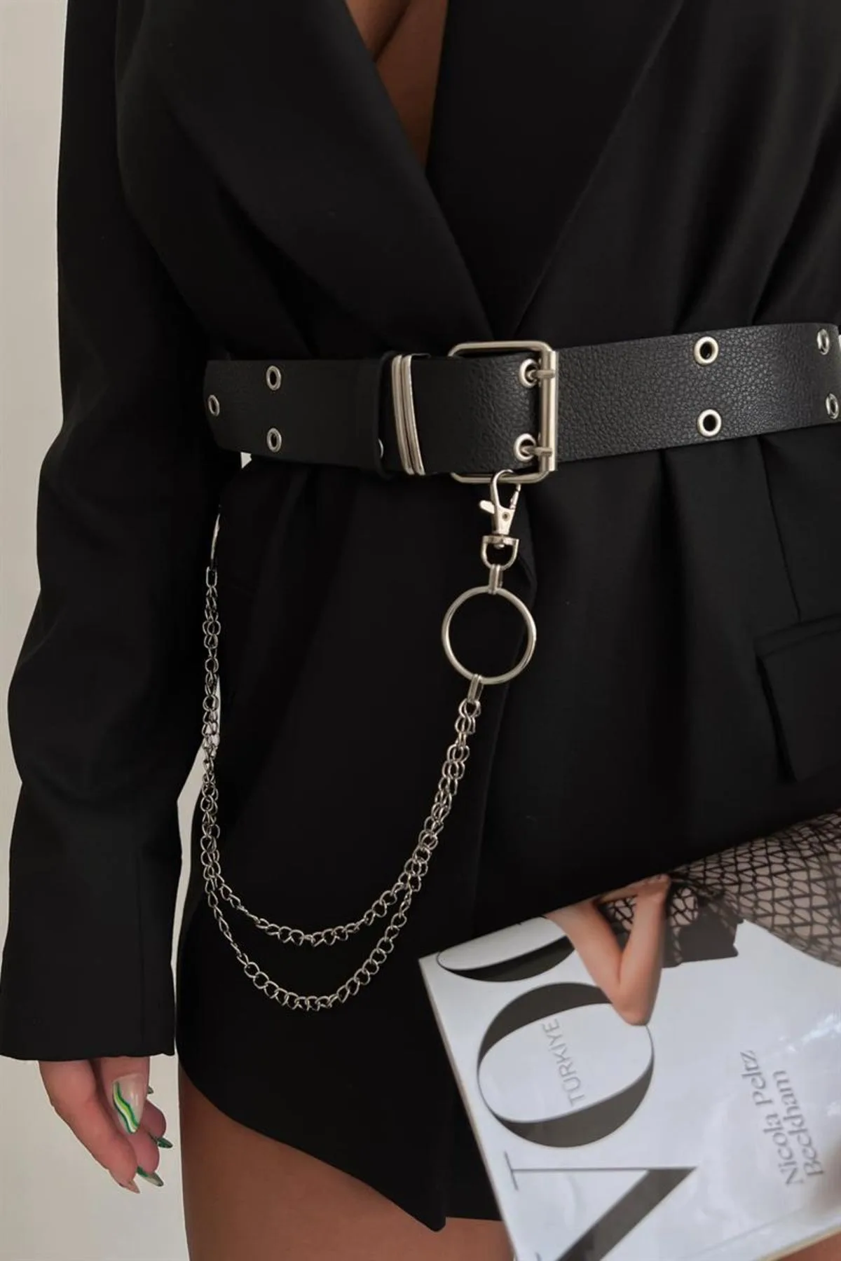 Kuşgözü Detaylı Zincirli Kadın Kemer Pantolon Kemeri Ceket Kemeri Gothic Kemer Zincirli Kemer - SİYAH