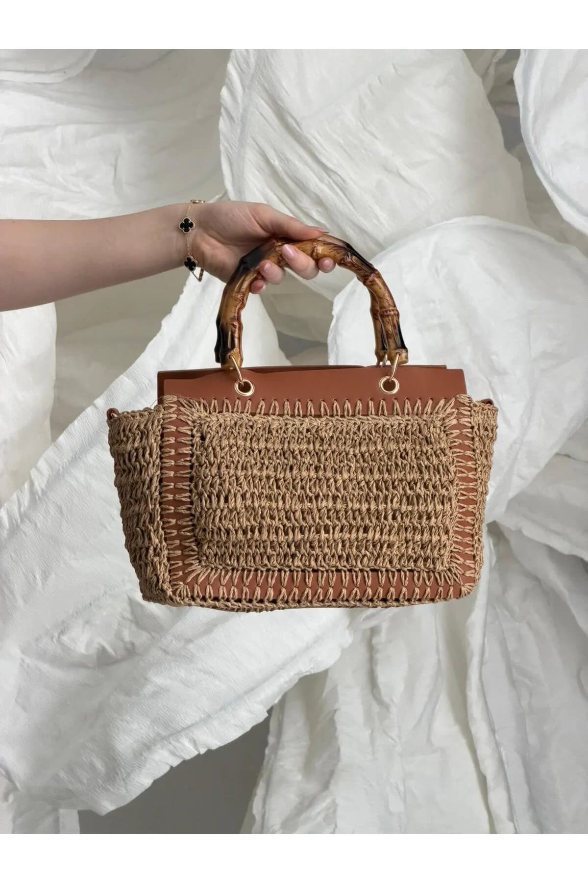Bambu Saplı Camel Hasır Çanta CNT1115 - CNT1115-Camel