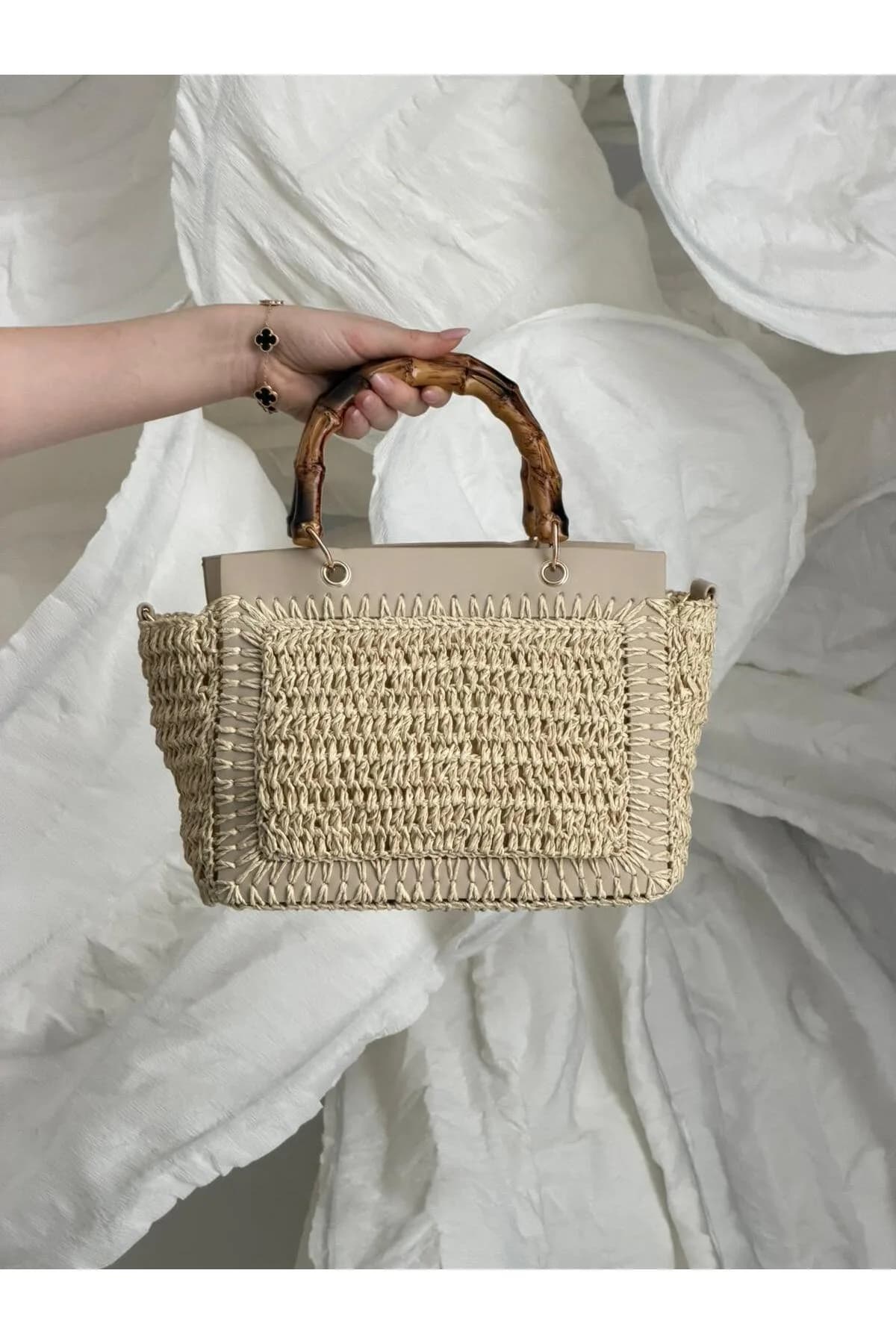 Bambu Saplı Bej Hasır Çanta CNT1115 - CNT1115-Bej