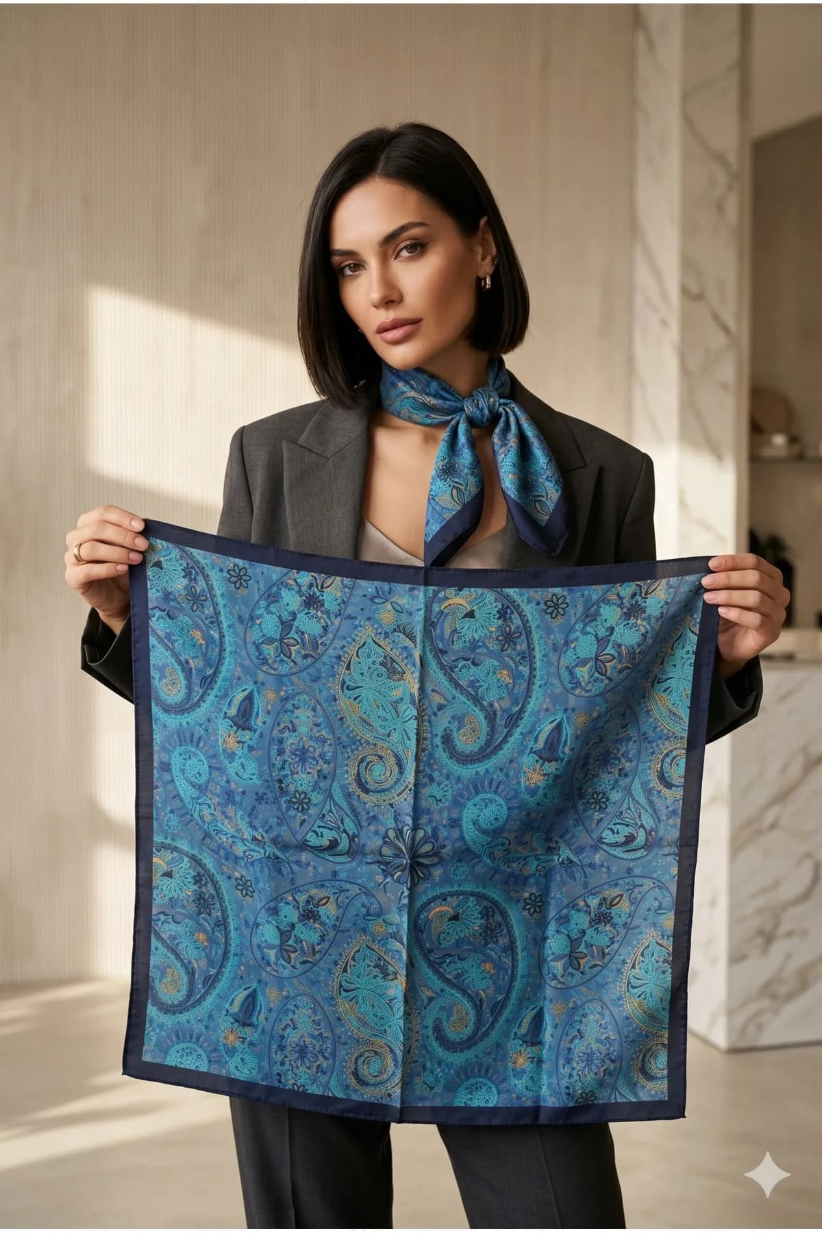 Kadın Desenli Saten Boyun Fuları Bandana 70x70 Mavi Lacivert FLR2007 - FLR2007-mavi