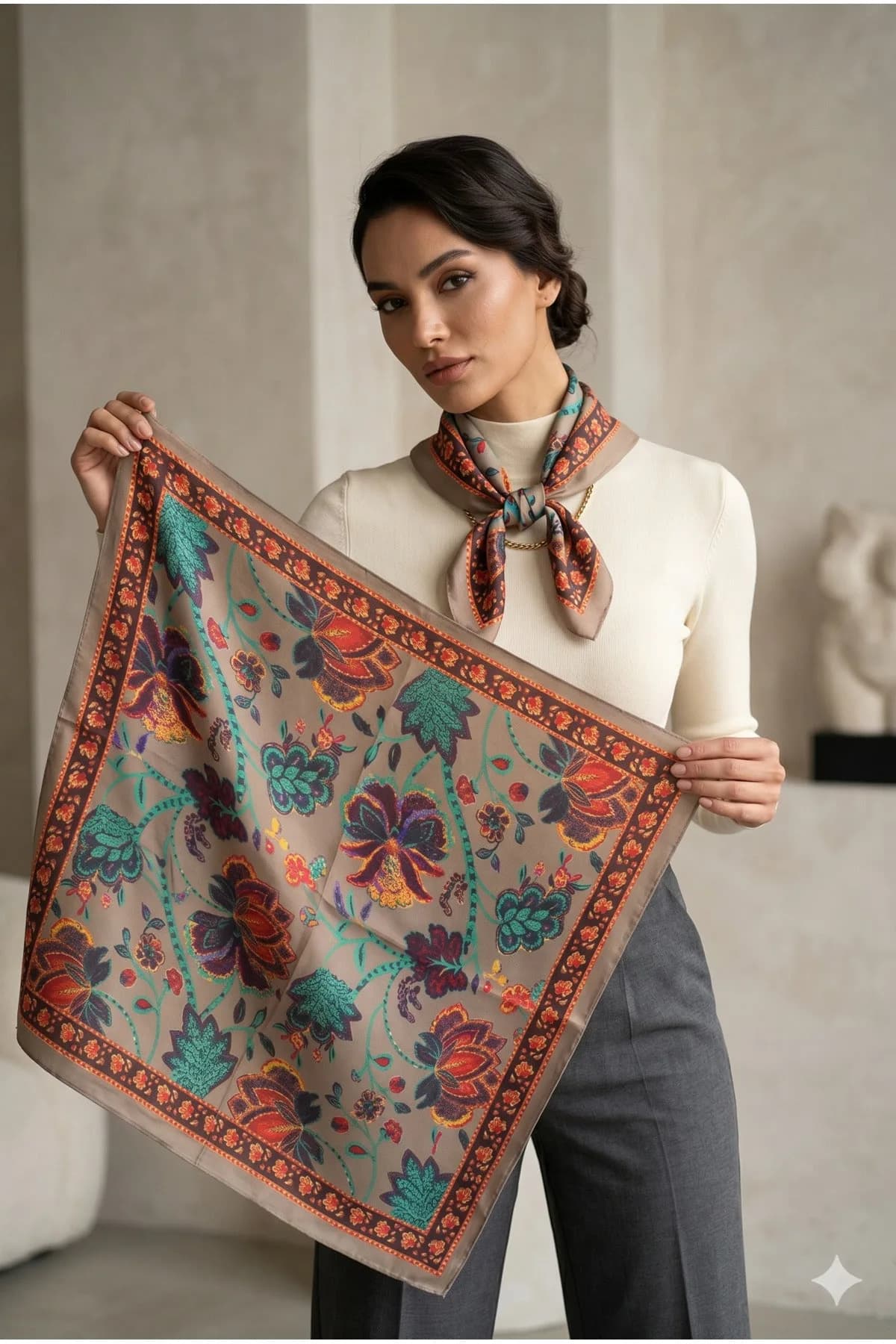 Kadın Desenli Saten Boyun Fuları Bandana 70x70 Bej Yeşil Turuncu FLR2008 - FLR2008-bej