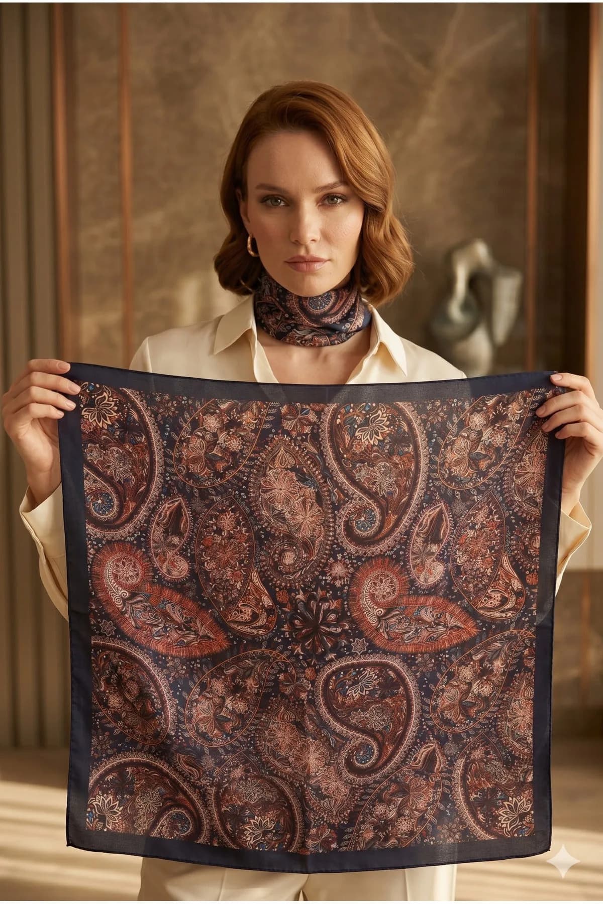 Kadın Desenli Saten Boyun Fuları Bandana 70x70 Lacivert Bordo Ekru FLR2002 - FLR2002-lacivert