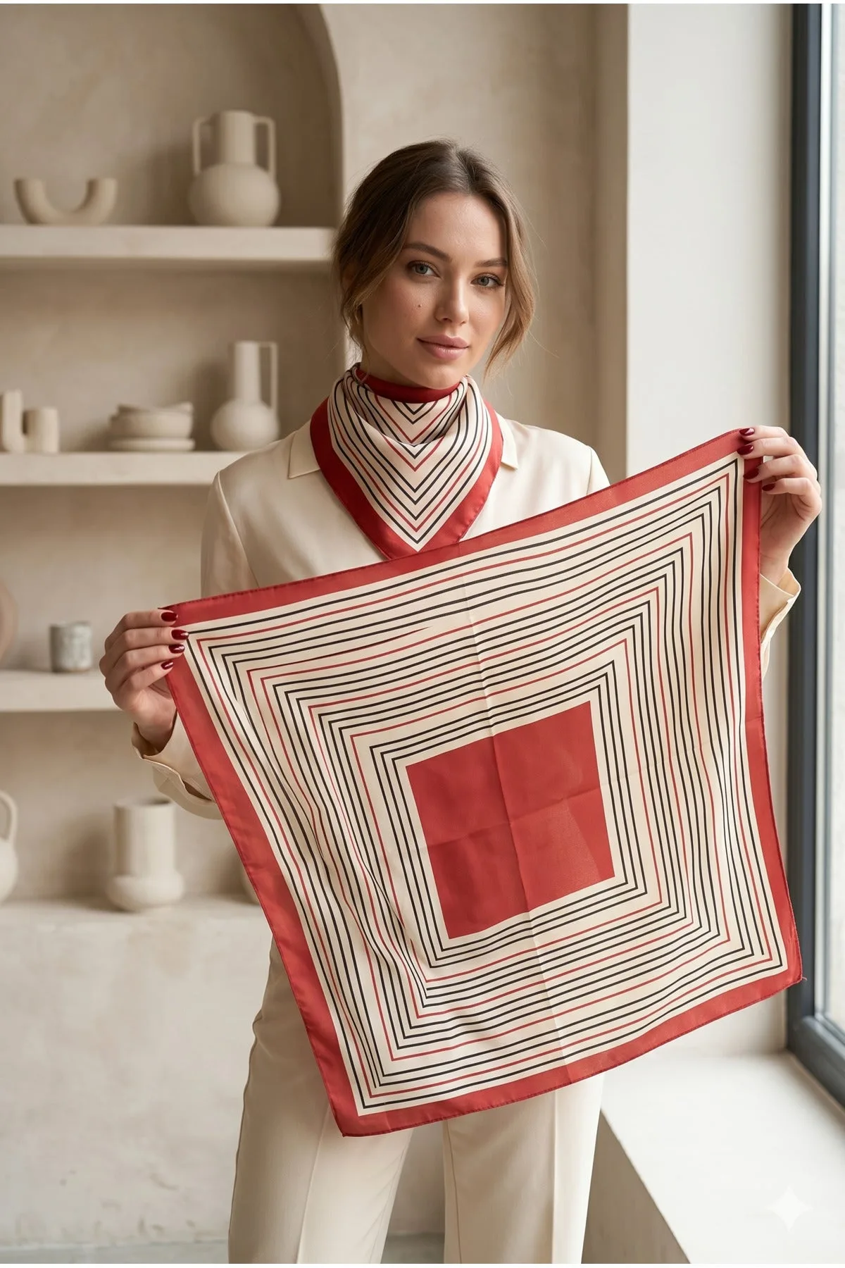 Kadın Desenli Saten Boyun Fuları Bandana 70x70 Kırmızı Ekru Siyah FLR2001 - FLR2001-ekru
