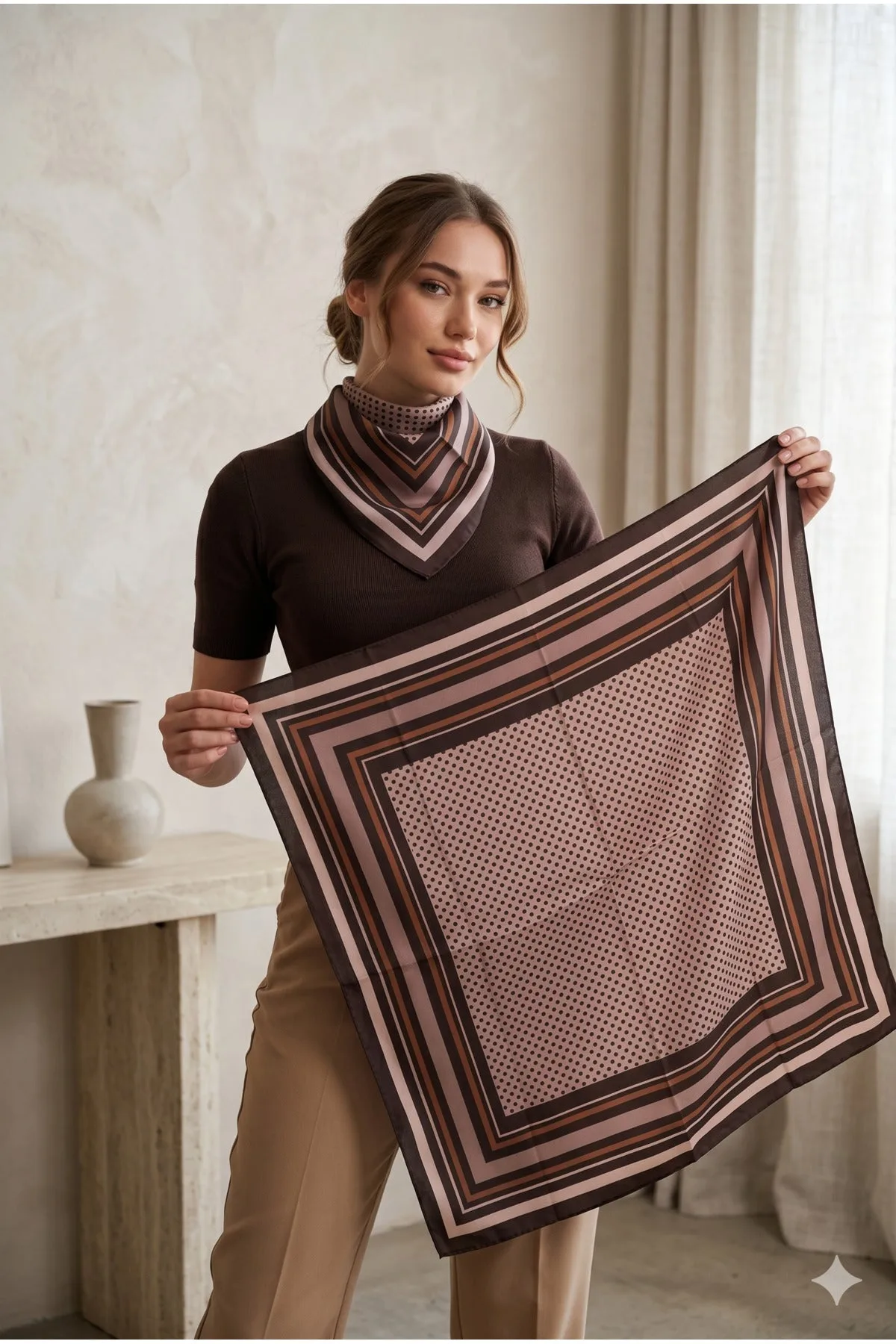 Kadın Desenli Saten Boyun Fuları Bandana 70x70 Kahverengi FLR2000 - FLR2000-kahve