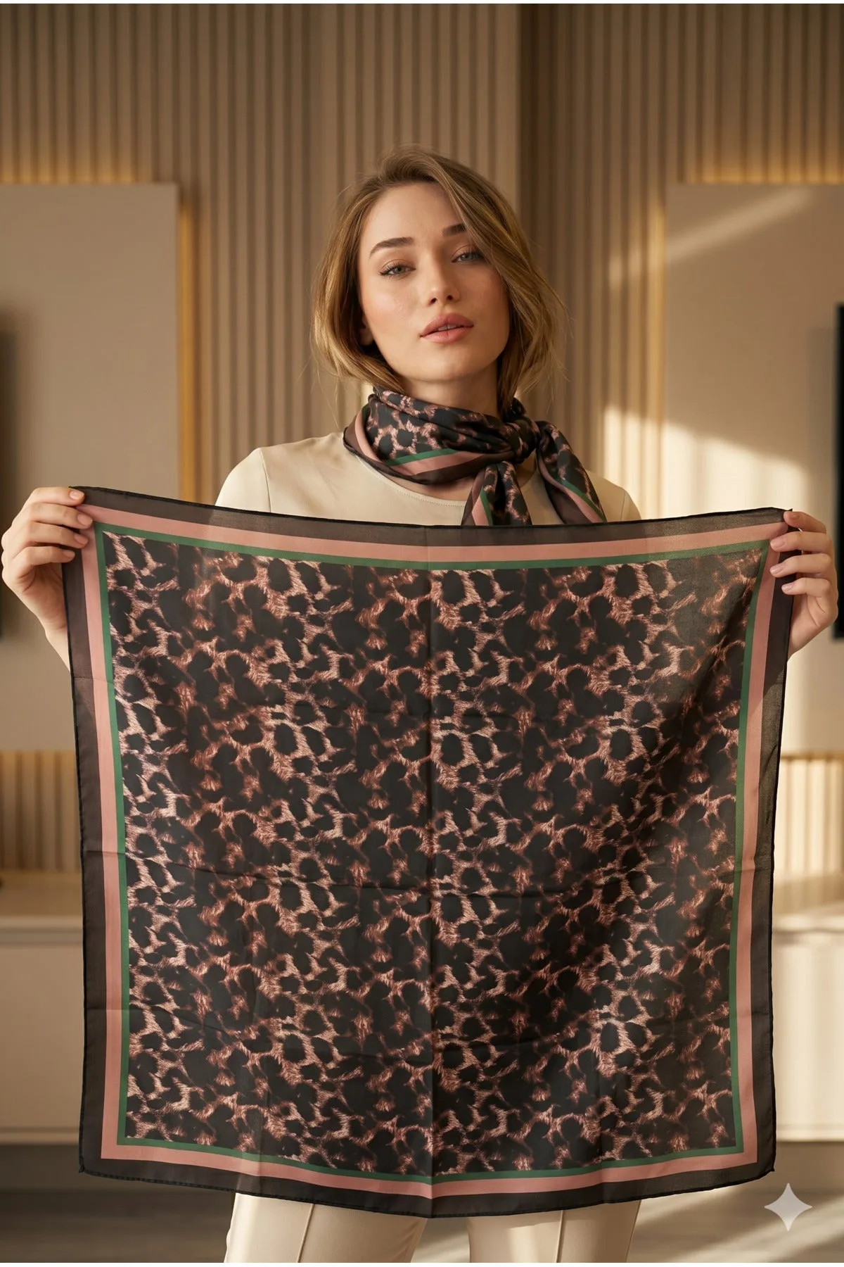 Kadın Leopar Desenli Saten Boyun Fuları Bandana 70x70 Kahverengi FLR2004 - FLR2004-kahverengi