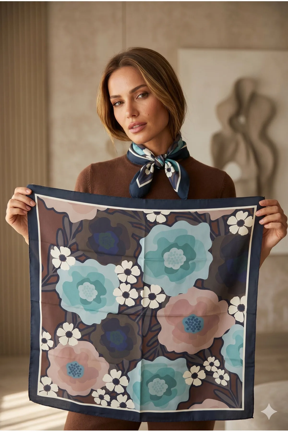 Kadın Desenli Saten Boyun Fuları Bandana 70x70 Kahverengi Yeşil Ekru FLR2009 - FLR2009-kahve