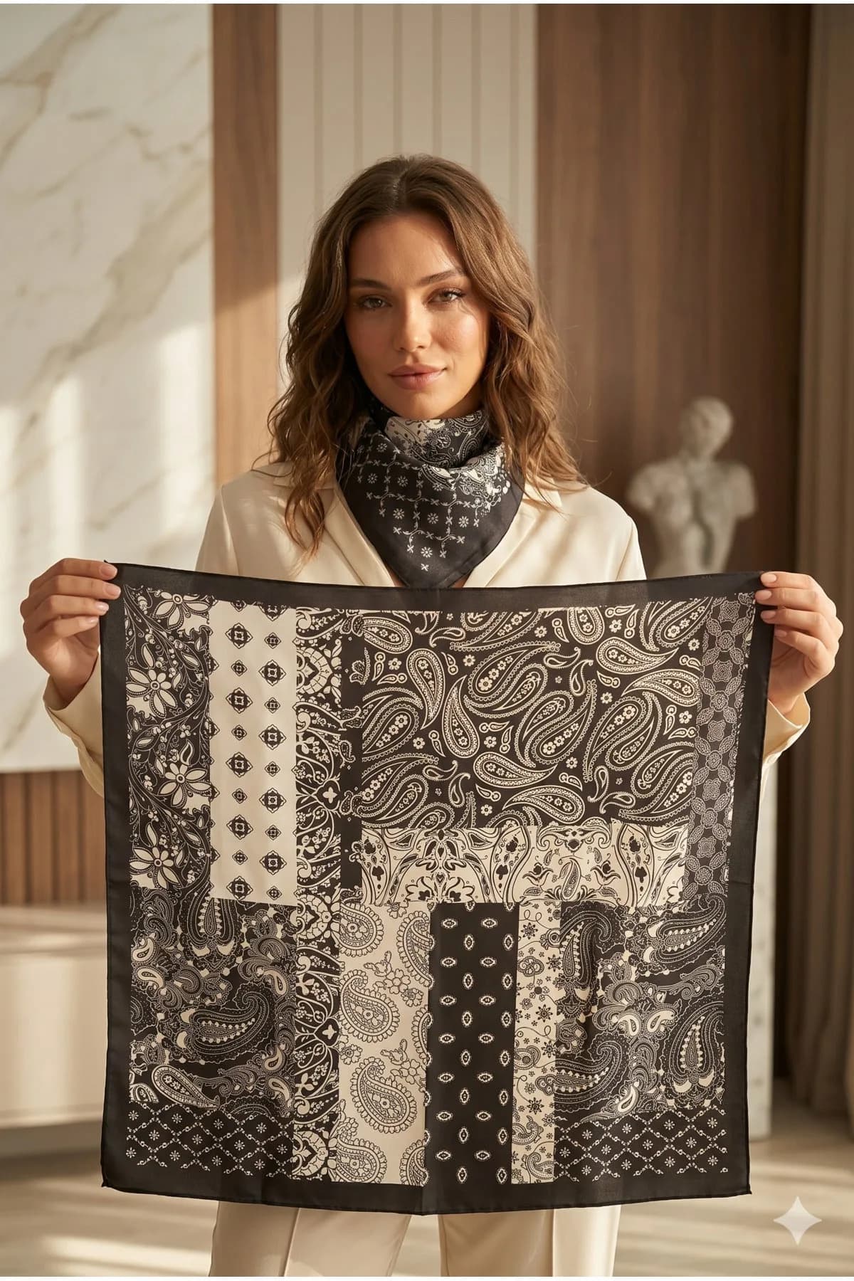 Kadın Desenli Saten Boyun Fuları Bandana 70x70 Siyah Beyaz FLR2005 - FLR2005-siyah