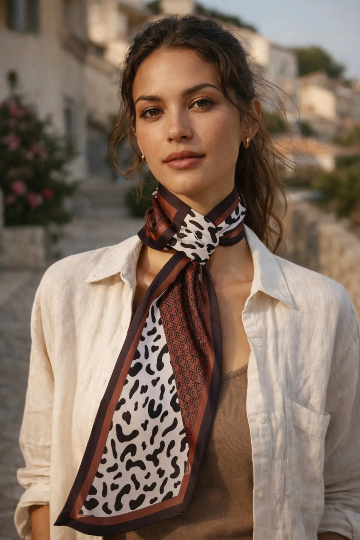 Leopar Desenli Kahverengi Şık Boyun Fuları FLR1018 - flr1018-kahve