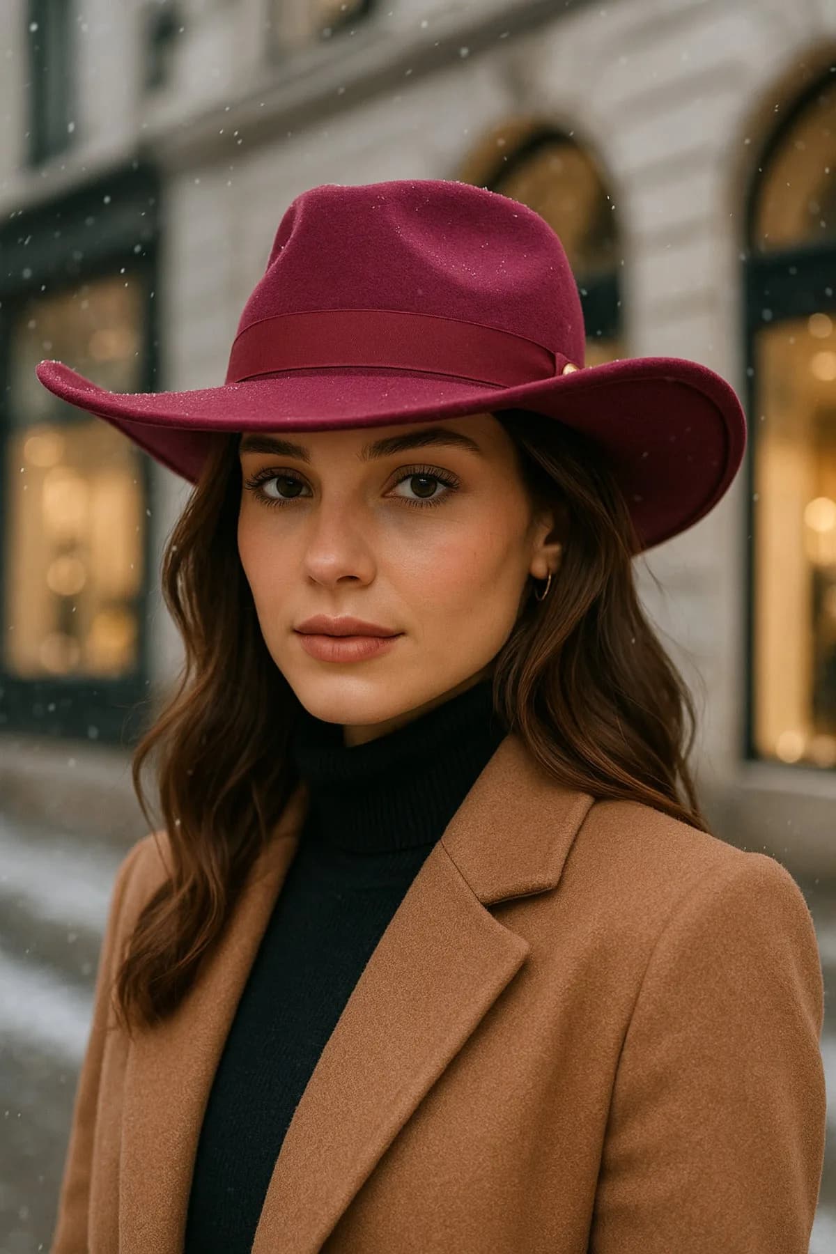 Kadın Bordo Kenarı Kıvrık Kovboy Kaşe Panama Şapka SPK1149 - SPK1149-BORDO