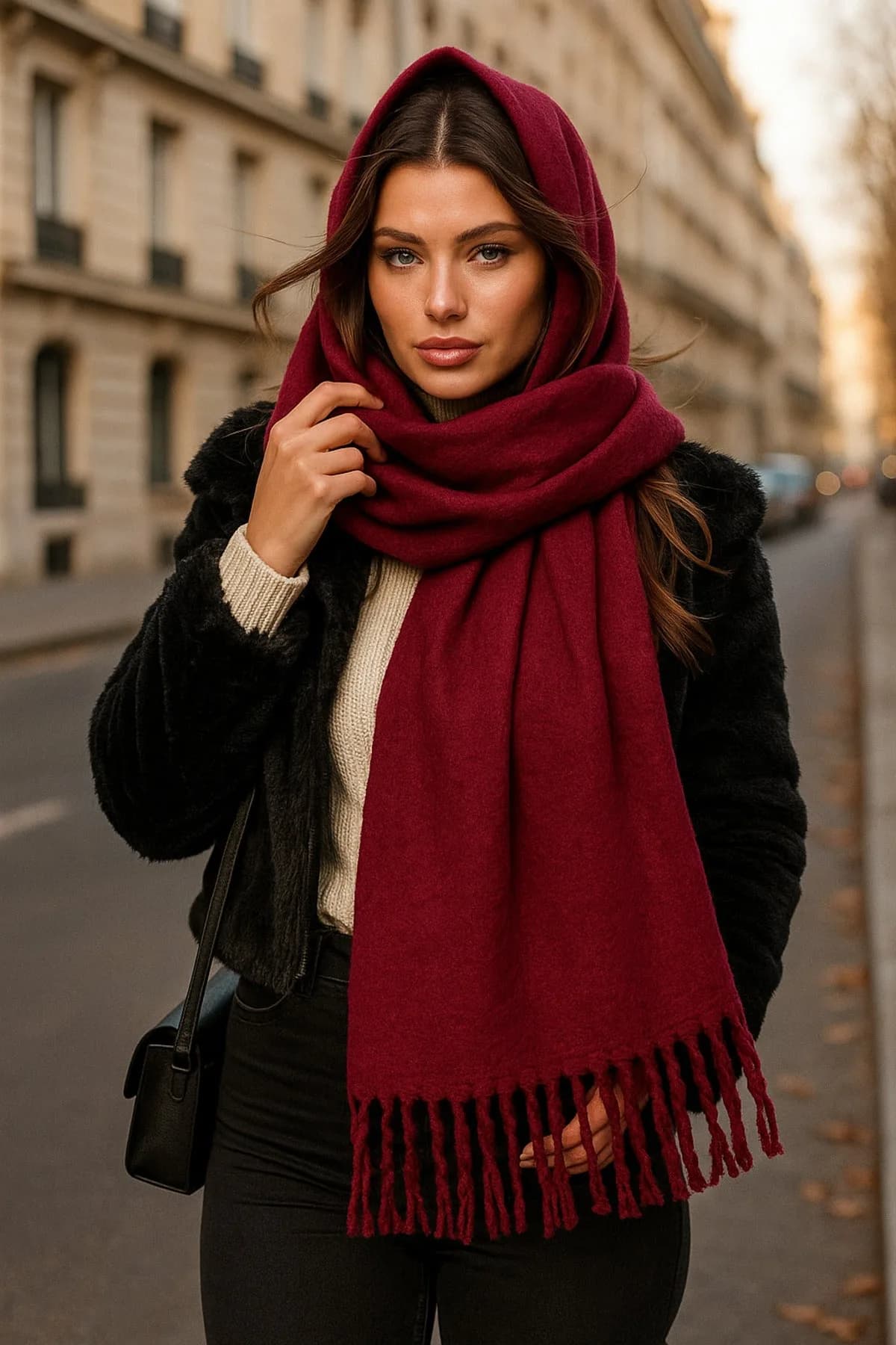Kadın Bordo Düz Püsküllü Atkı Şal 45x210 Cm Sal1257 - Bordo