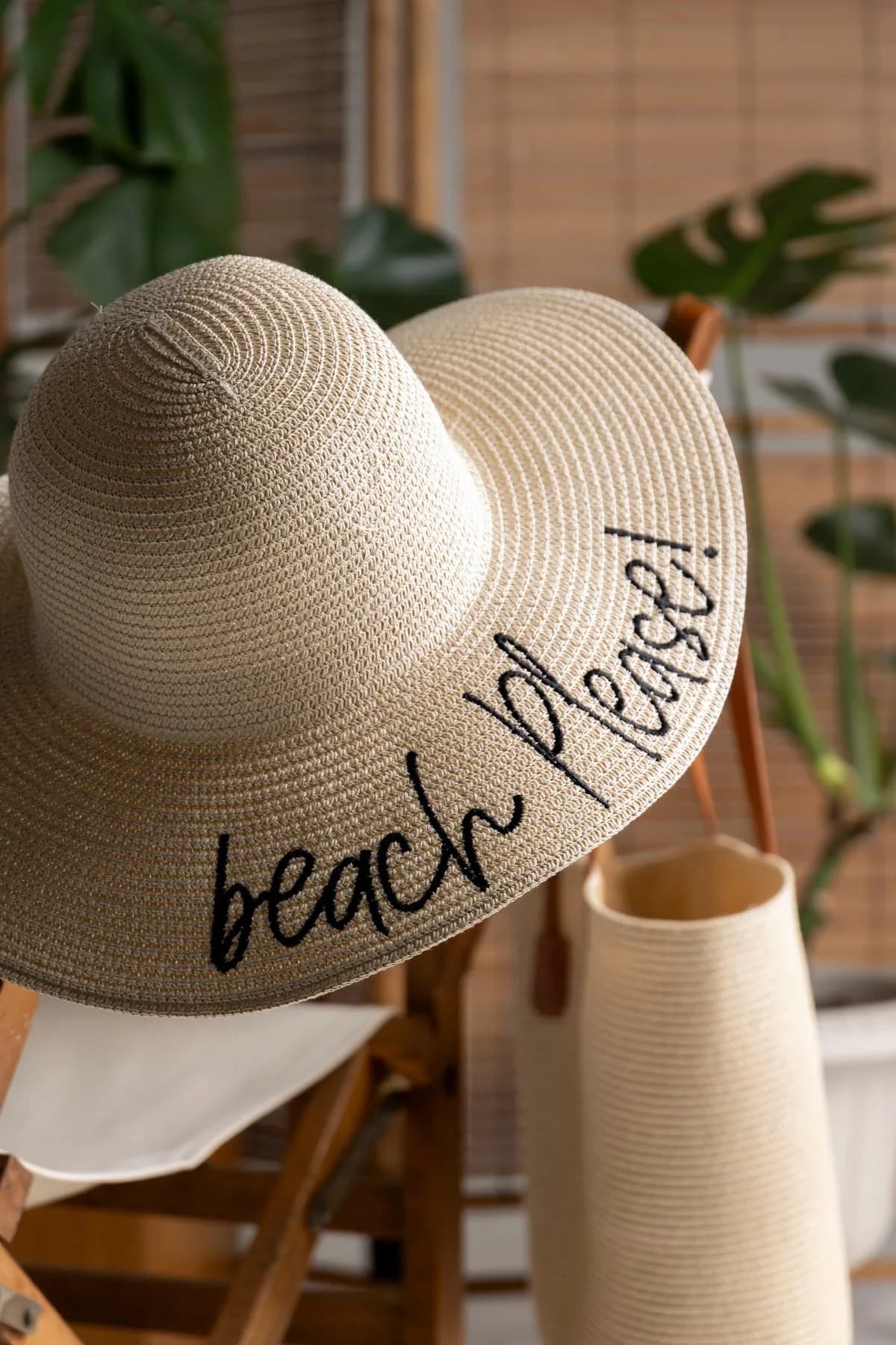 Beach Please Nakışlı Bej Hasır Şapka Hsr2029 - Bej