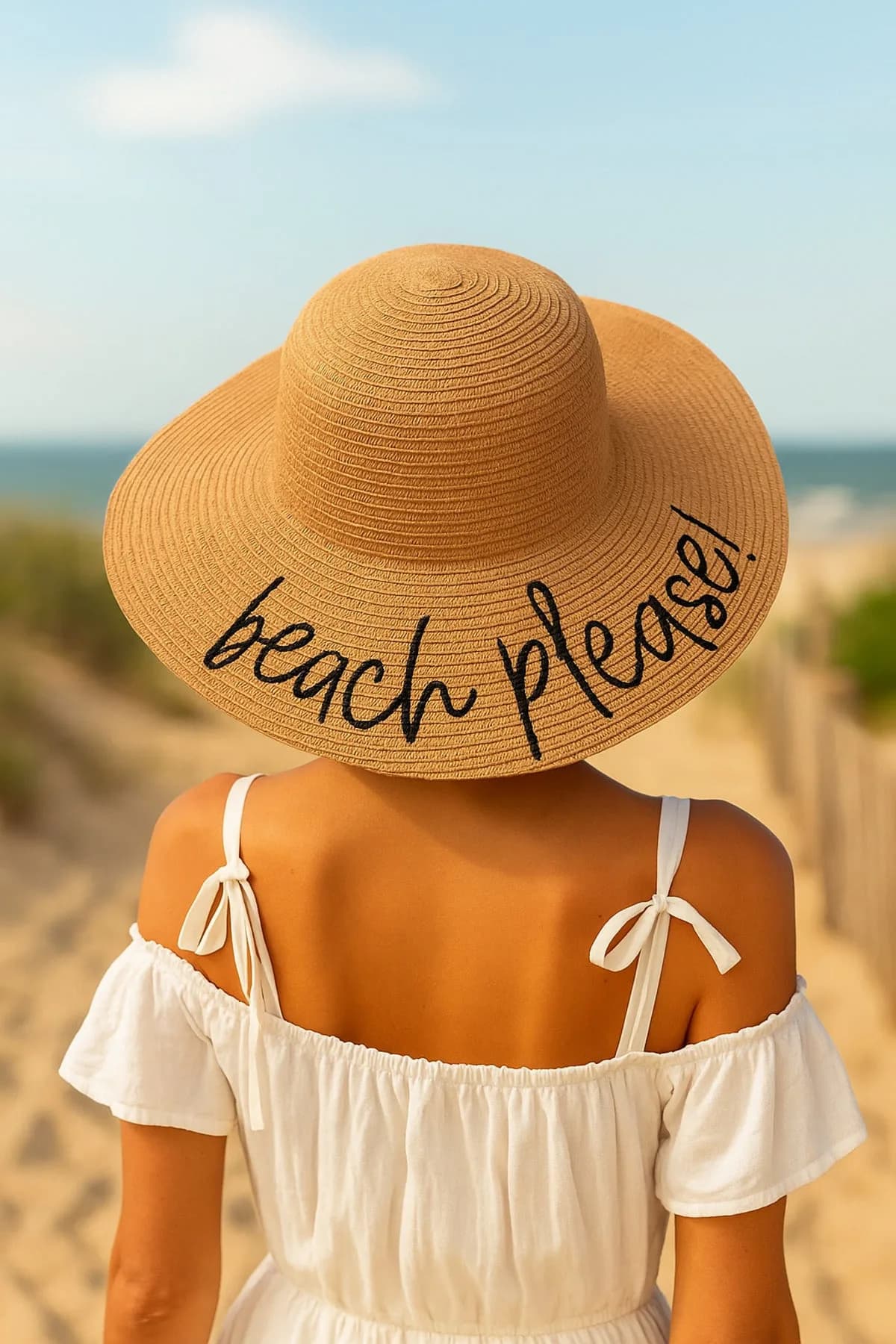 Beach Please Nakışlı Camel Hasır Şapka Hsr2029 - Camel