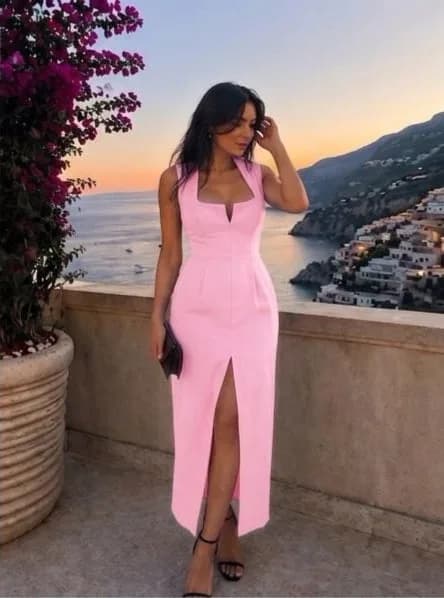 Positano Sırt Dekolteli Midi Elbise - Pembe