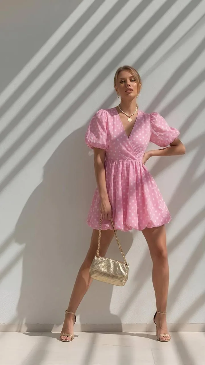 Yaz Esintisi Puantiyeli Kruvaze Elbise - Pembe