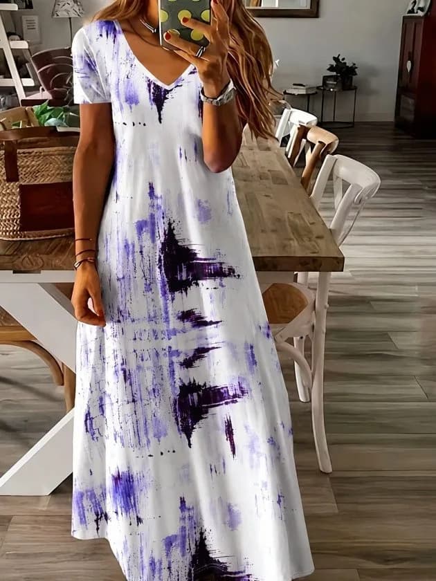 Kadın Kısa Kollu V Yakalı Desenli Uzun Süprem Elbise, 34898 - Mor