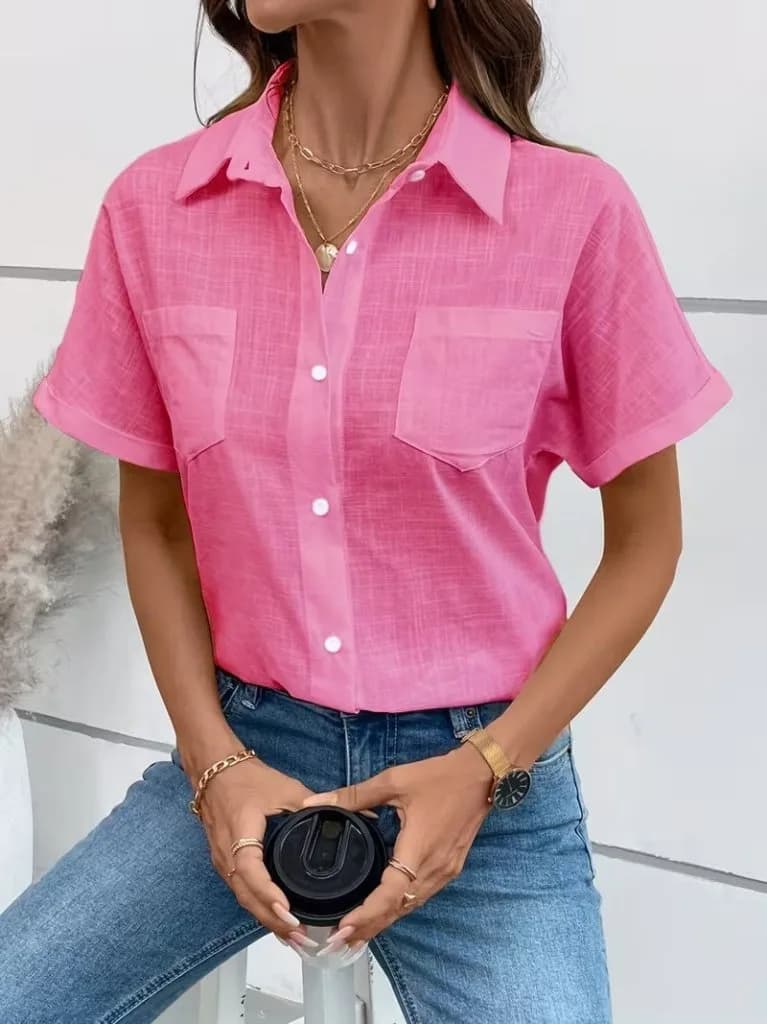 Kadın Kısa Kollu Yakalı önden Düğmeli Gömlek, 34978 - Pembe