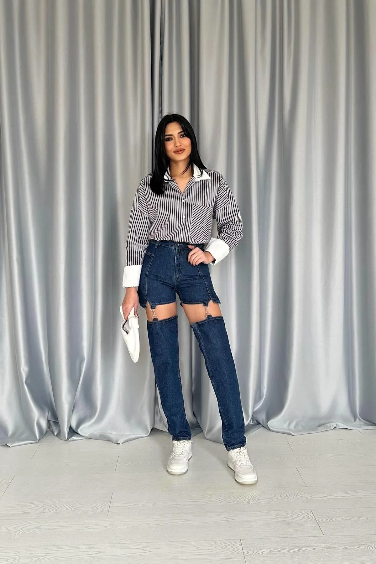 Mavi Askılı İki Parça Jeans Pantolon - Mavi