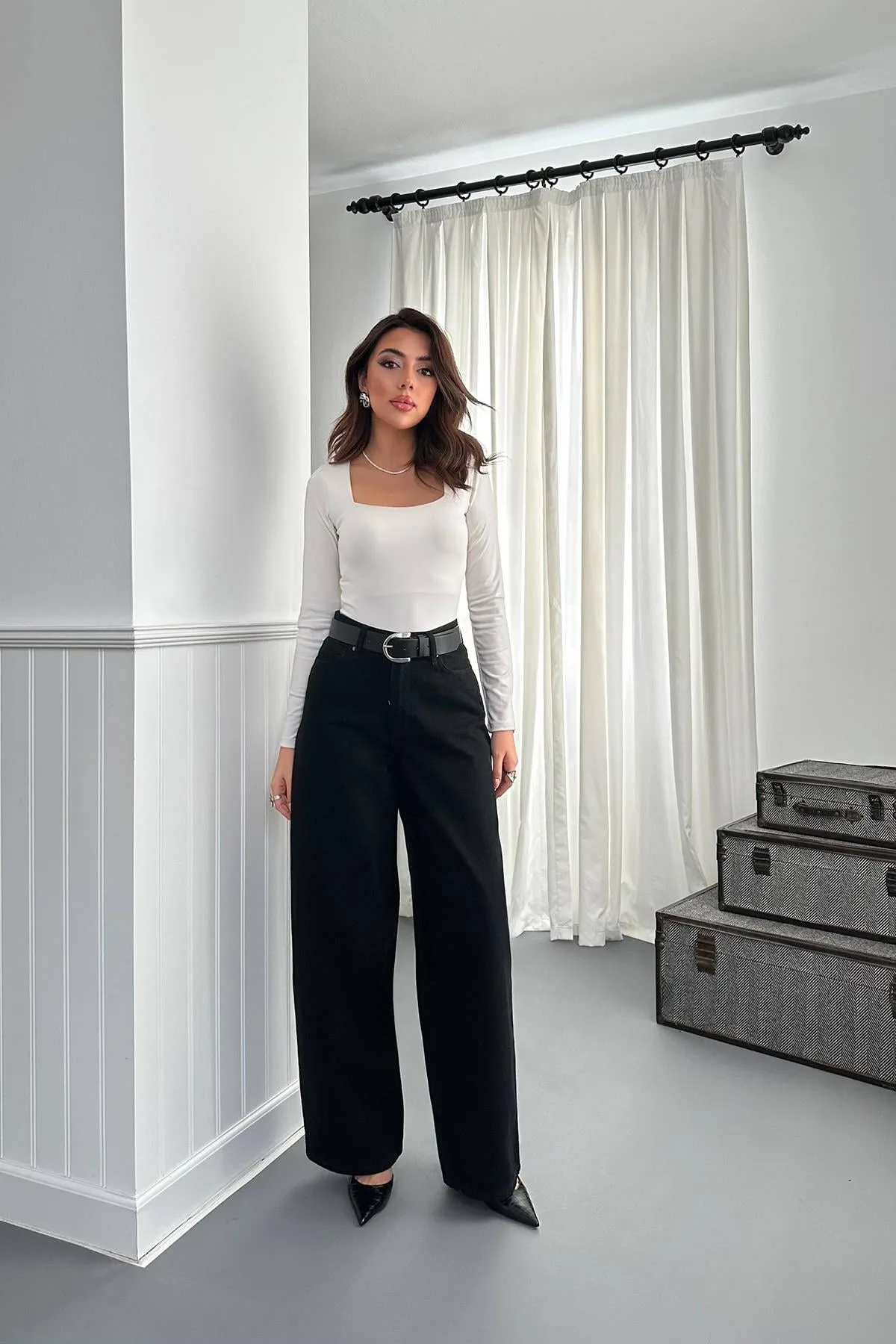 Siyah Geniş Paça Jeans Pantolon - Siyah