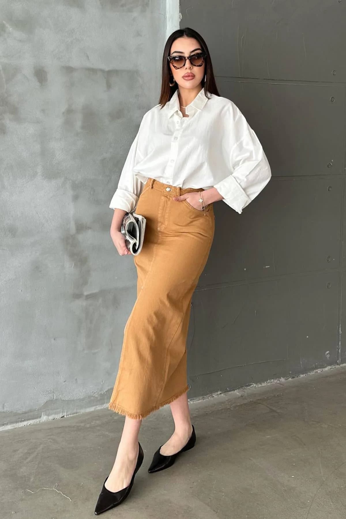 Camel Gabardin Boyamalı Püsküllü Etek - Camel