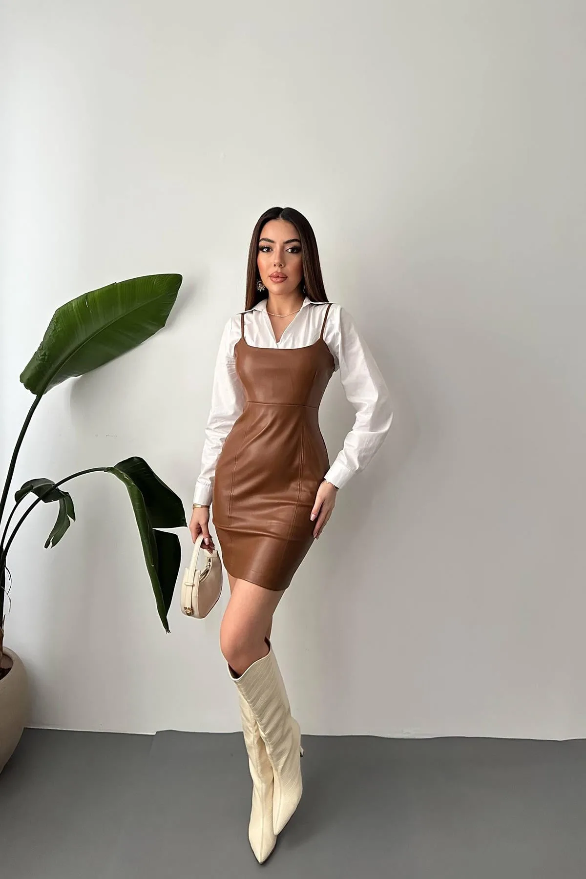 Kahverengi Deri Elbise - Kahve