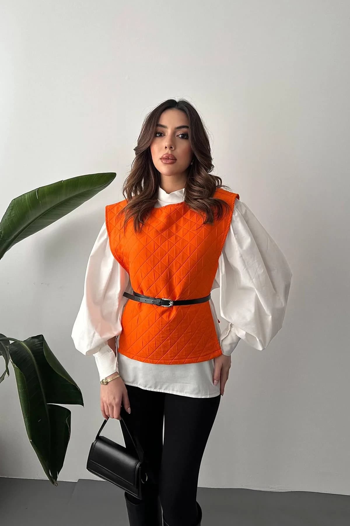 Oranj Kemerli Gömlek Ve Panço Takım - Oranj