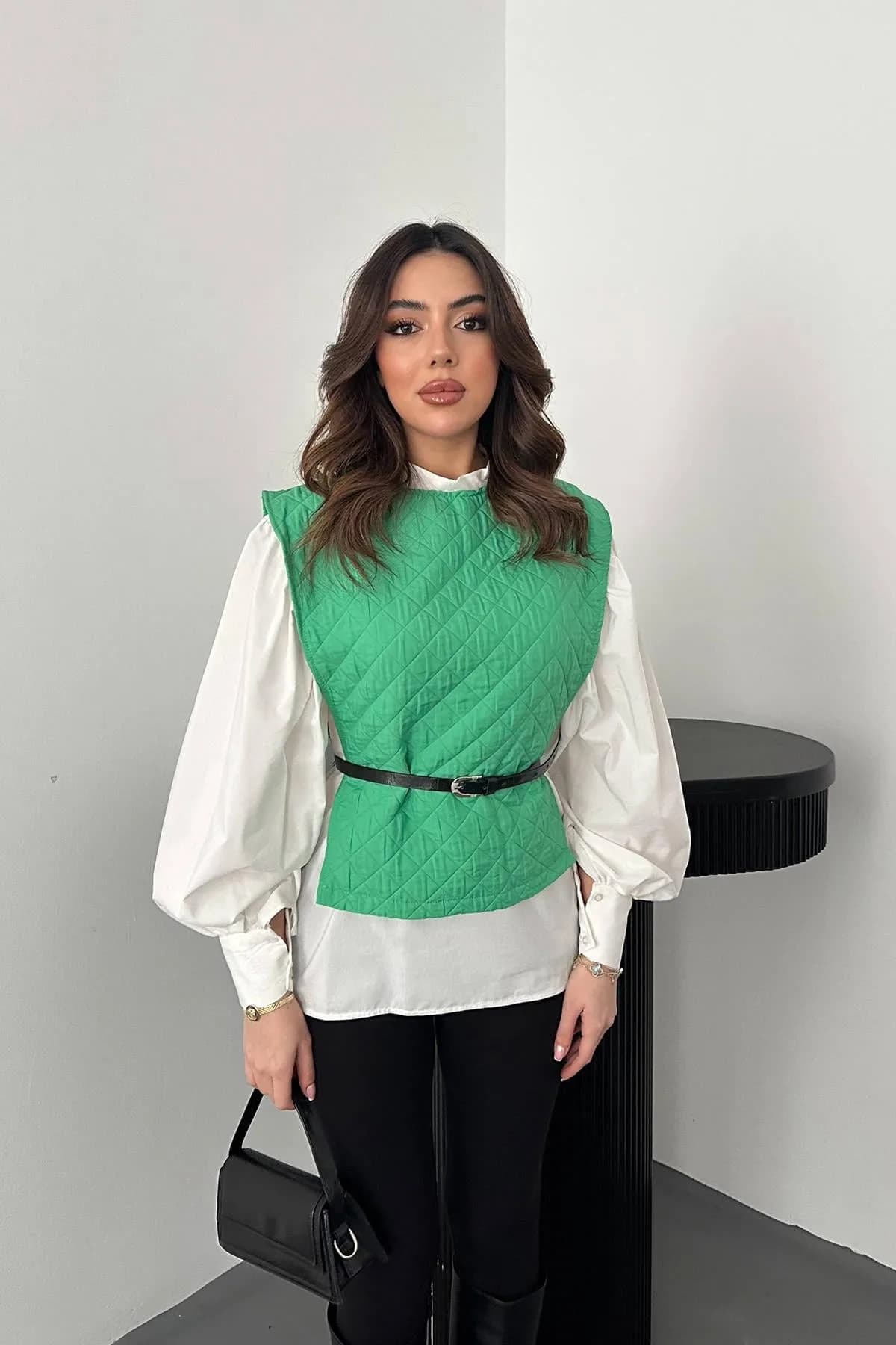 Yeşil Kemerli Gömlek Ve Panço Takım - Yeşil