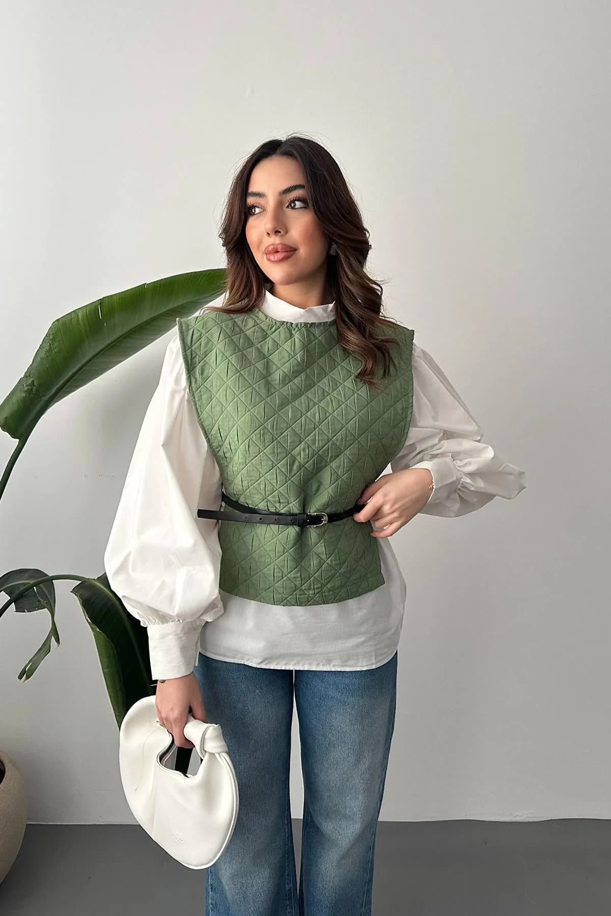 Haki Kemerli Gömlek Ve Panço Takım - Haki