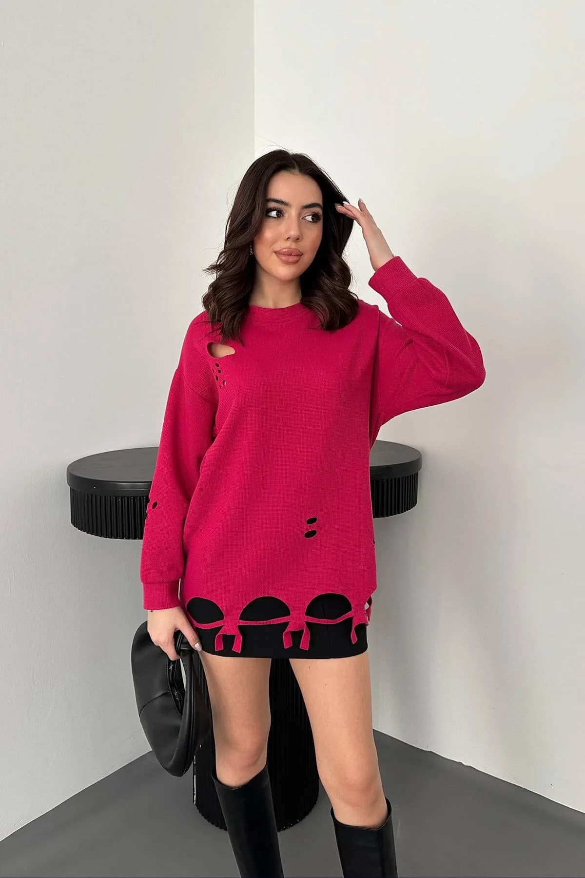 Fuşya Lazer Kesim Bluz - Fuşya