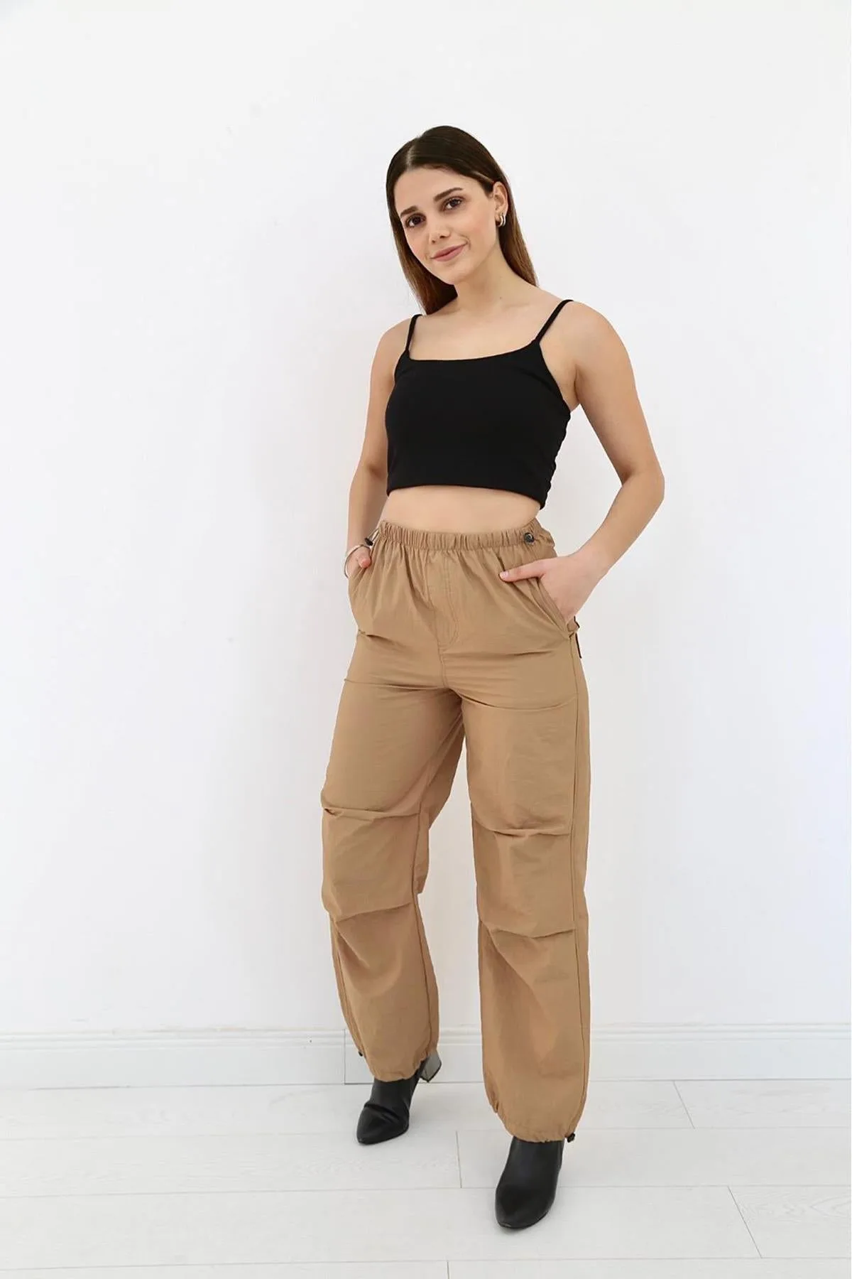 Camel Lastikli Paraşüt Pantolon - Camel