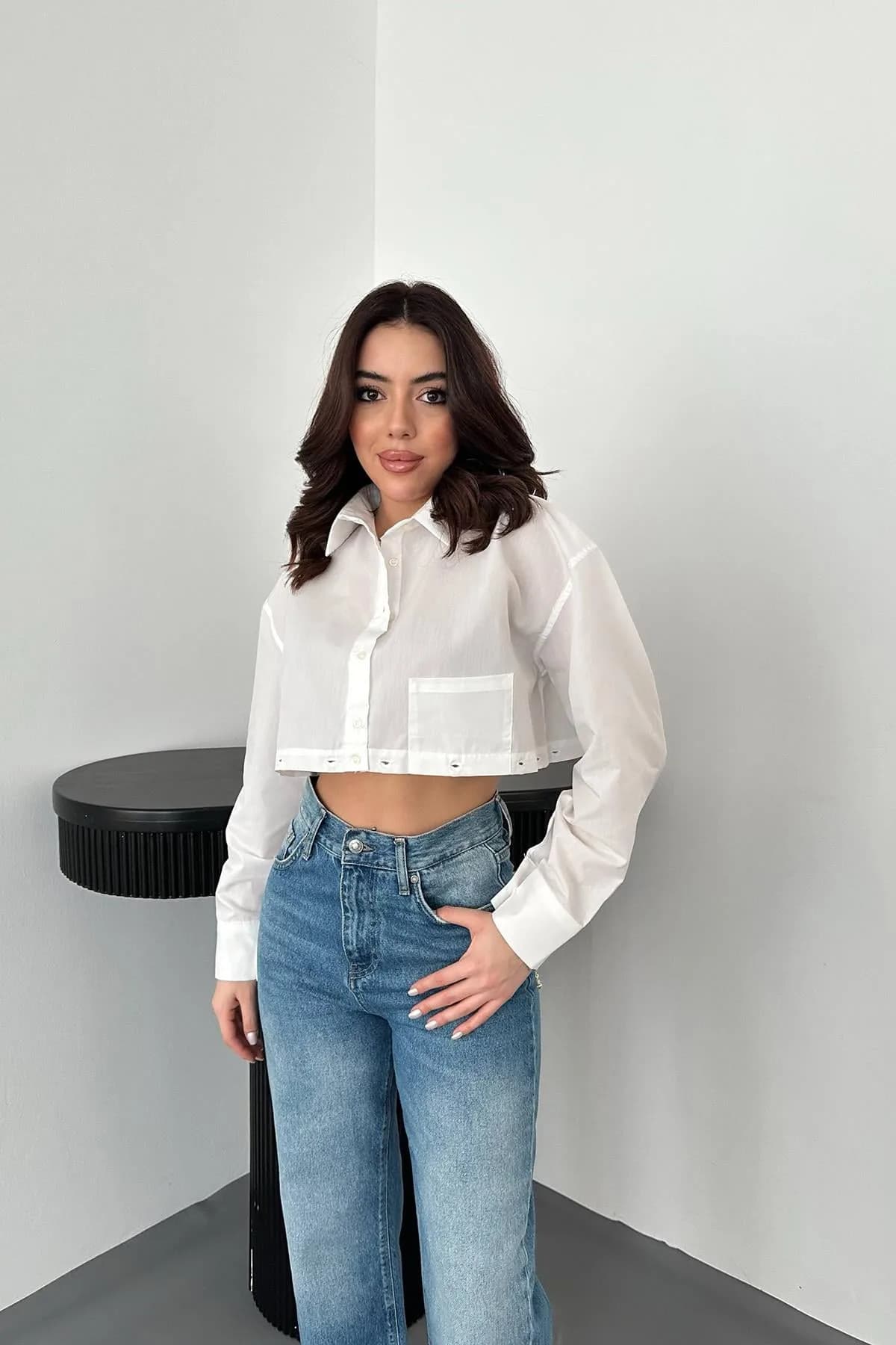 Beyaz Beli Ayrılabilen Poplin Gömlek - Beyaz