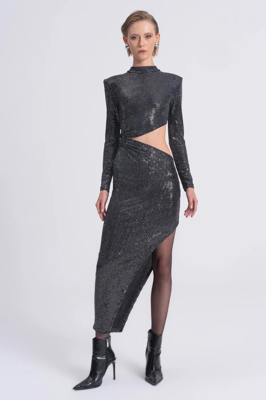 Sequined Deep Slit and Low Waist Midi Dress - Silver