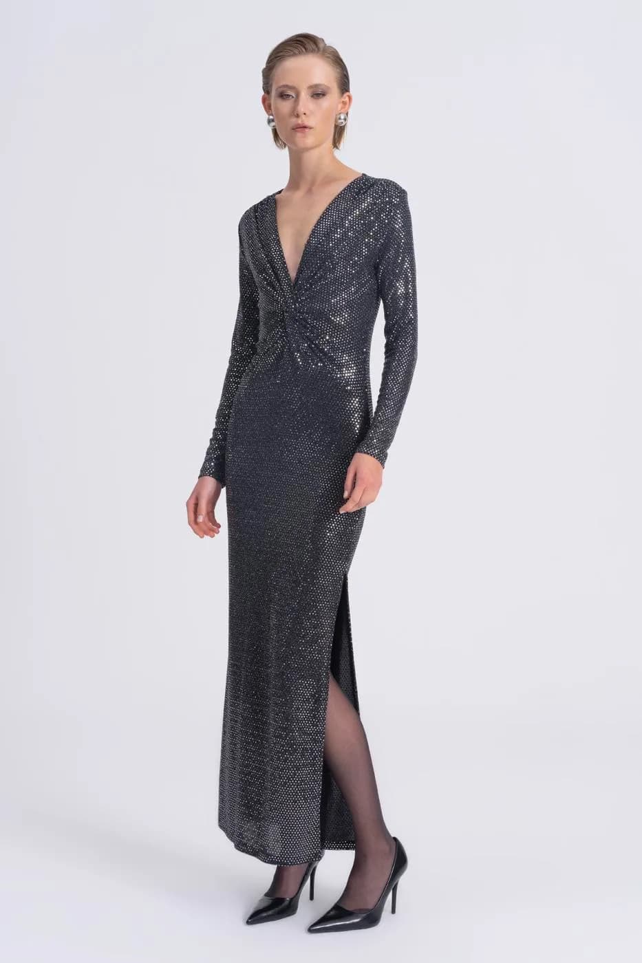Sequined Twisted Maxi Dress - Silver
