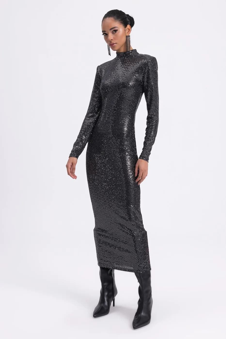 Padded Sequined Midi Pencil Dress - Silver