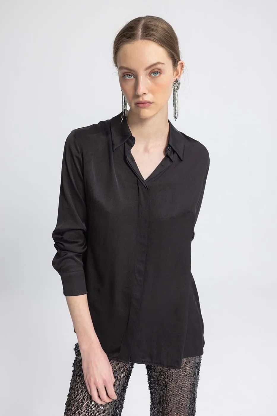 Satin Regular Shirt - Black