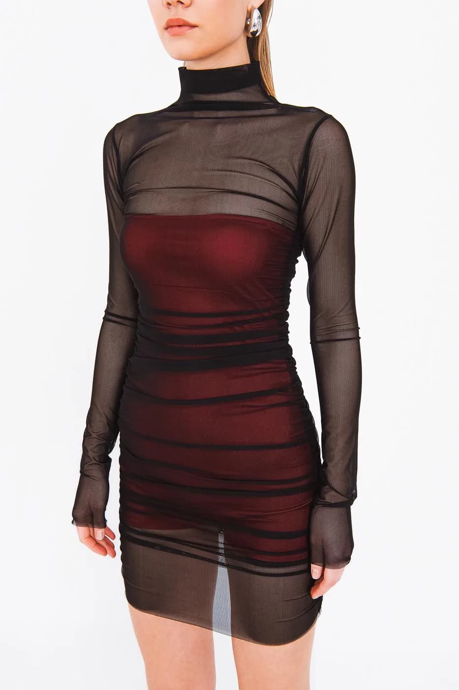 Draped Mini Tulle Dress - Tek Renk