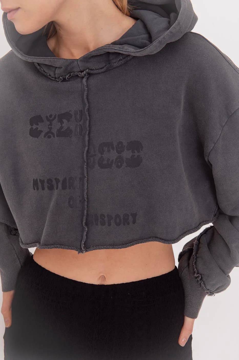Hooded Printed Crop Sweatshirt - Anthracite