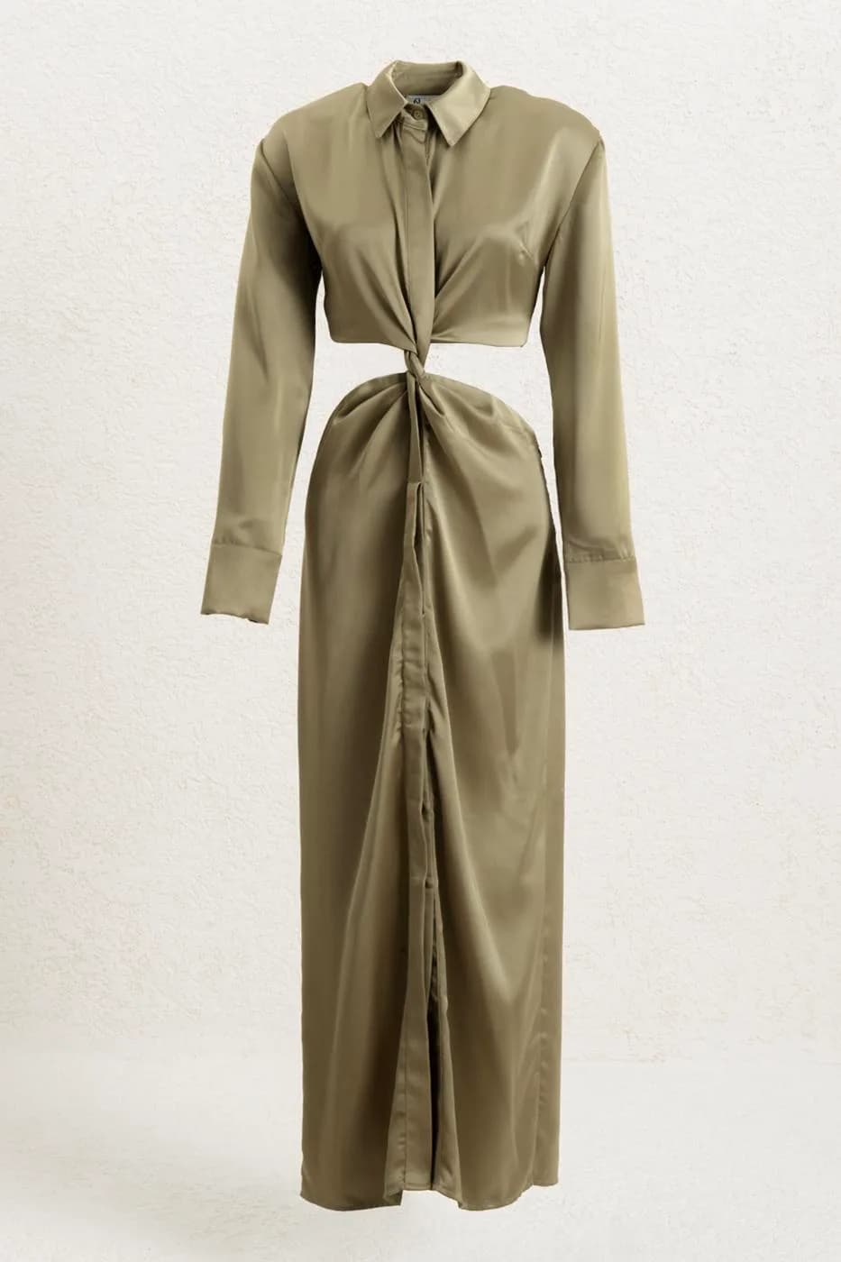 Piece Satin Midi Shirt Dress - Tek Renk