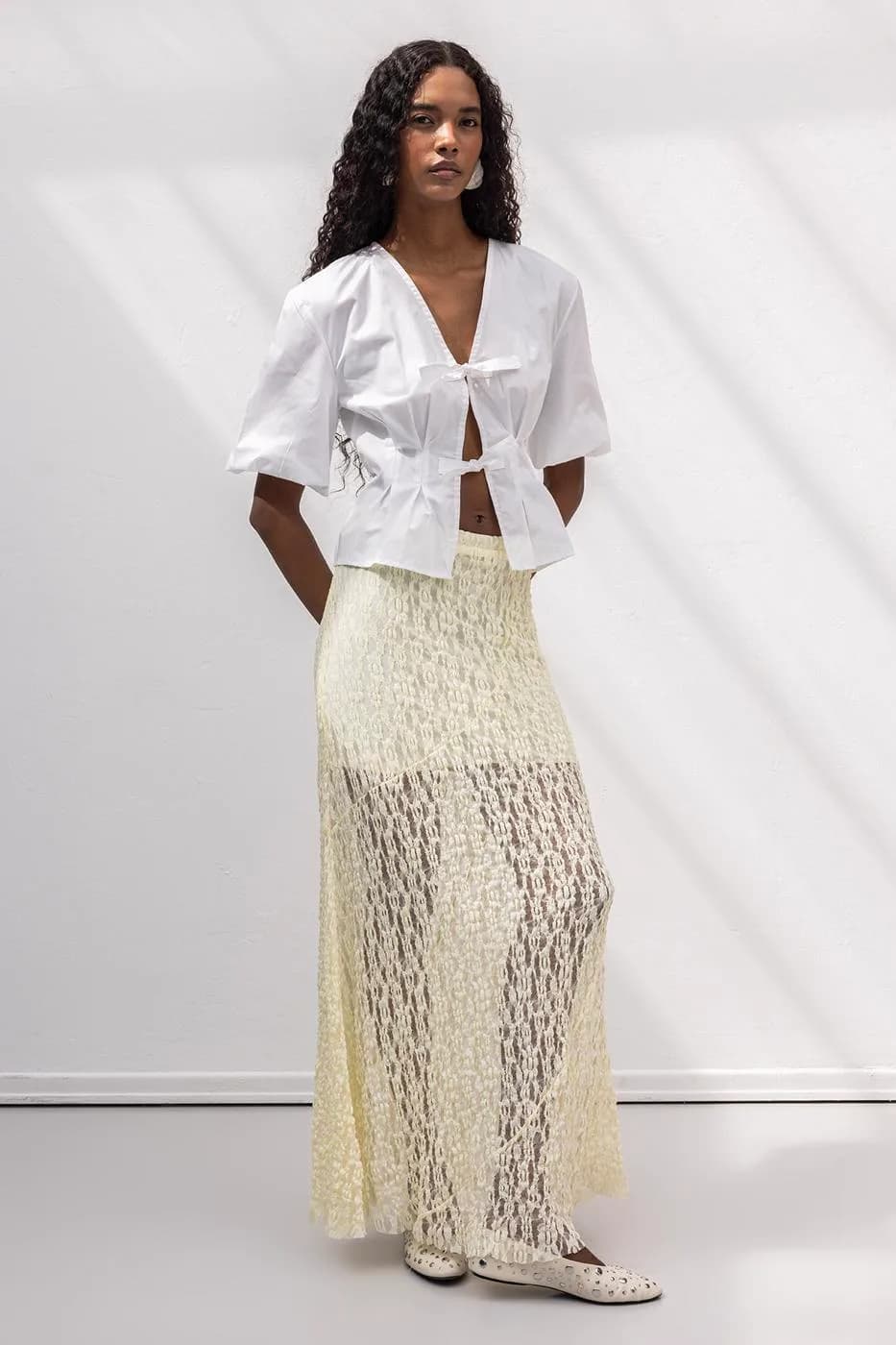 Flounced Lace Midi Skirt - Yellow