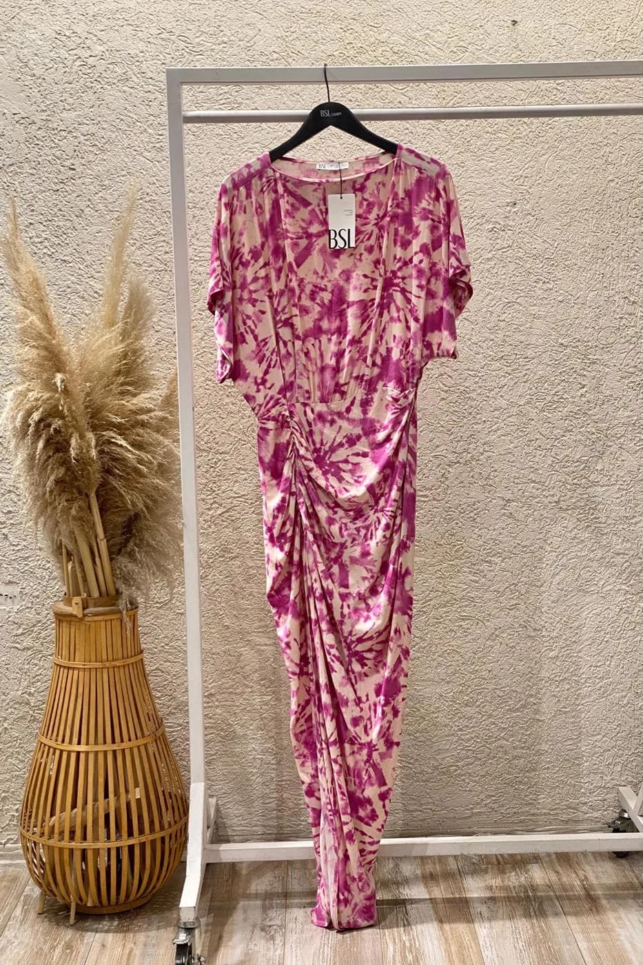 Draped Midi Length Linen Blend Dress - Pink
