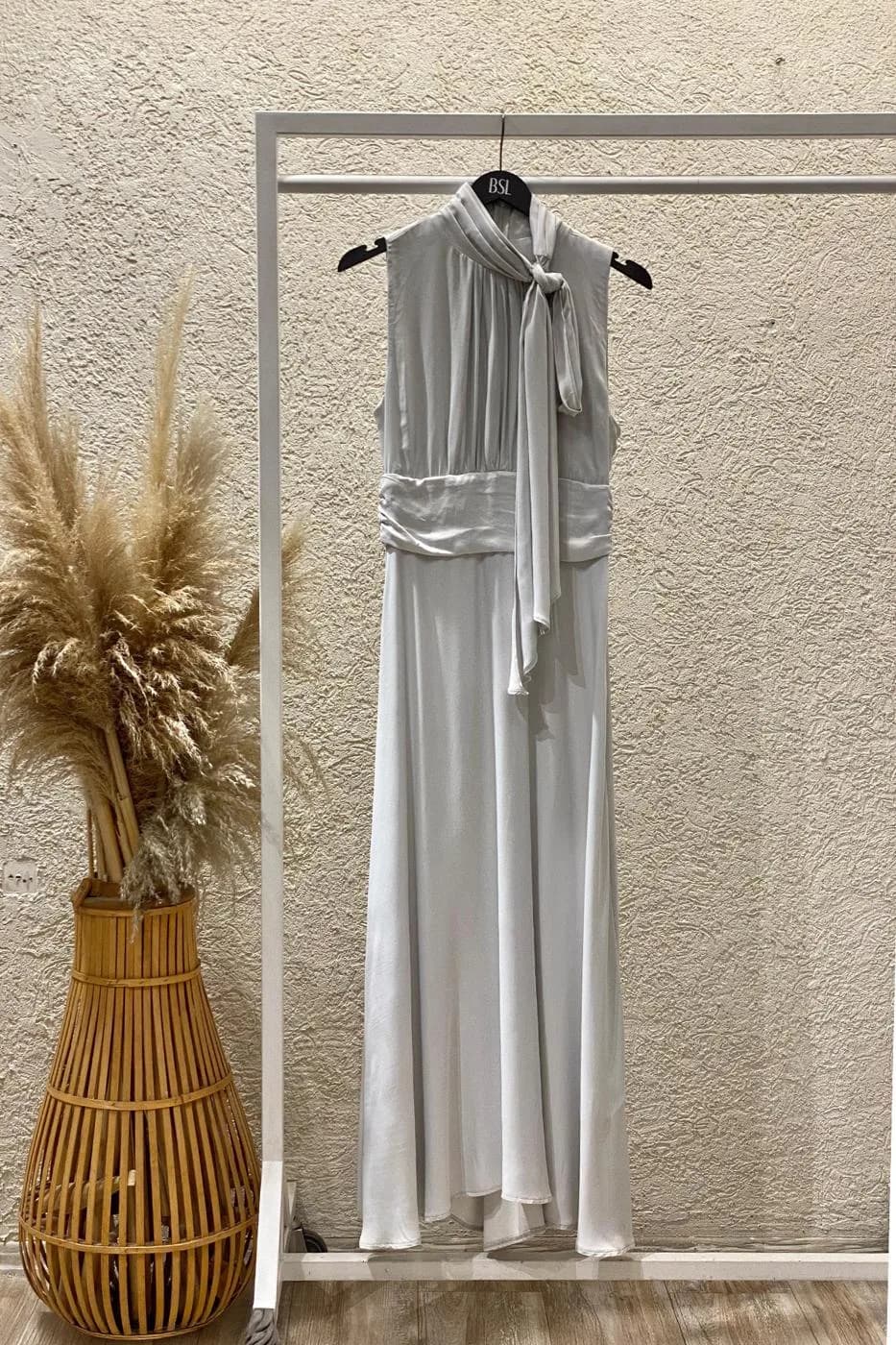 Satin Midi Dress with Stand Collar and Scarf on the Shoulder - Grey