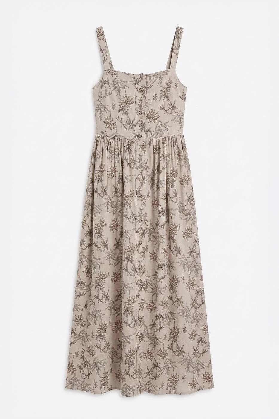Buttoned Strappy Linen Blend Midi Dress - Beige