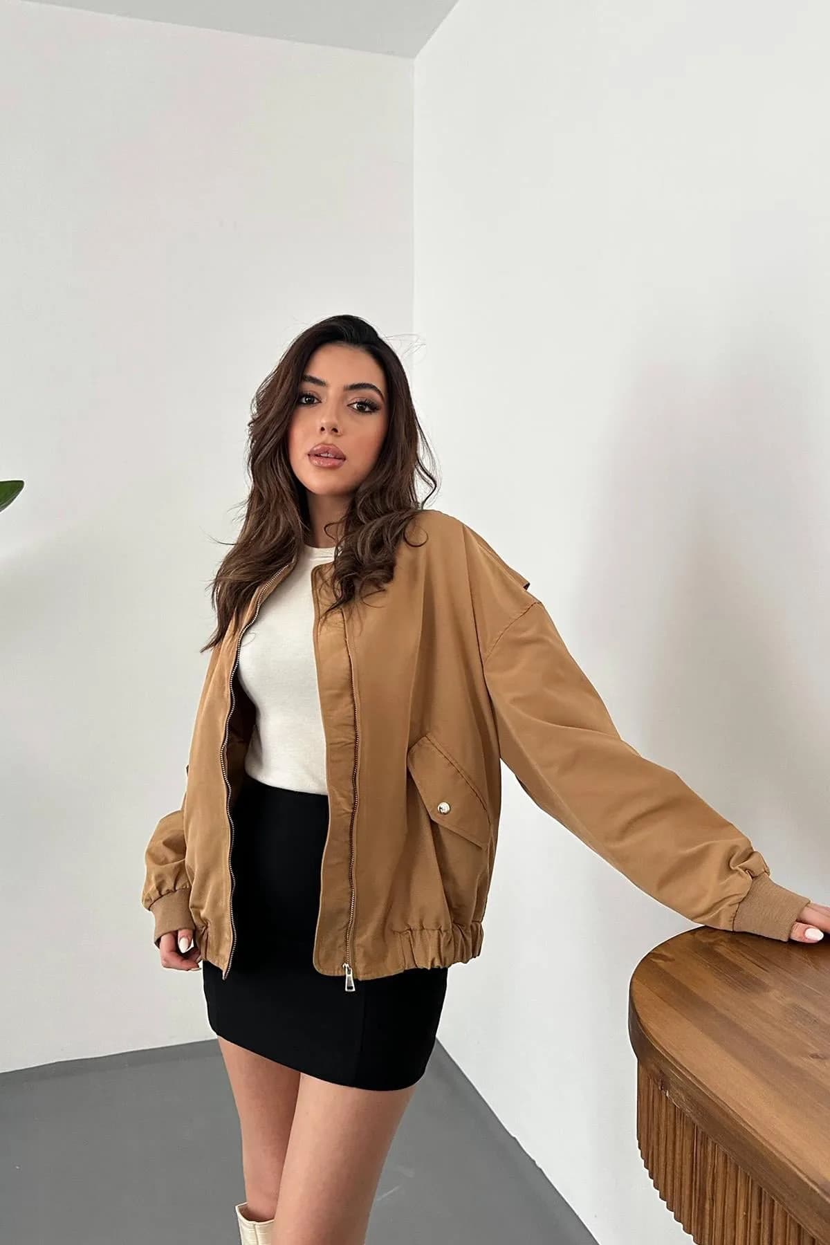 Camel Parçalı Bomber Ceket - Camel