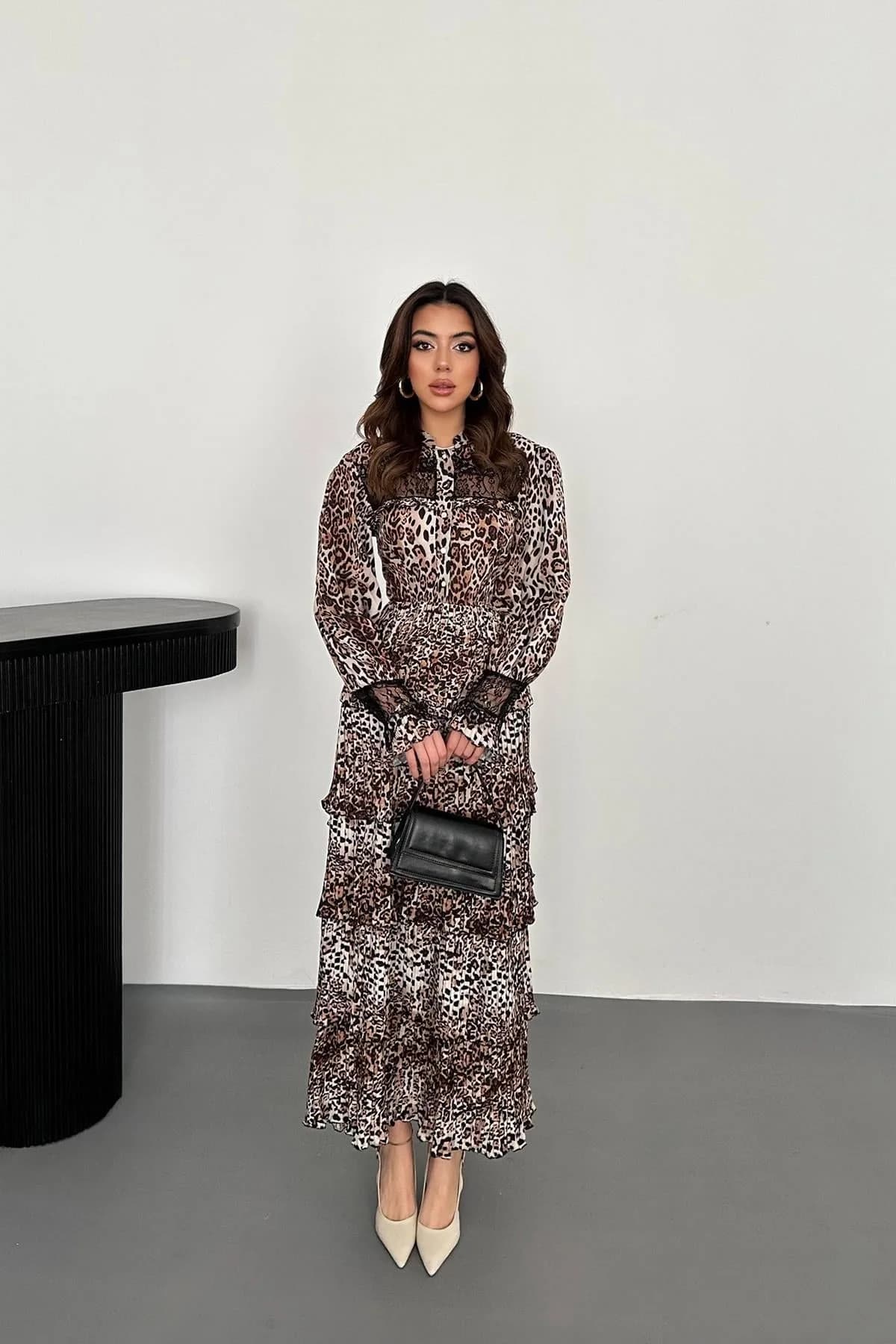 Leopar Pilise Detaylı Lastikli Elbise - Leopar