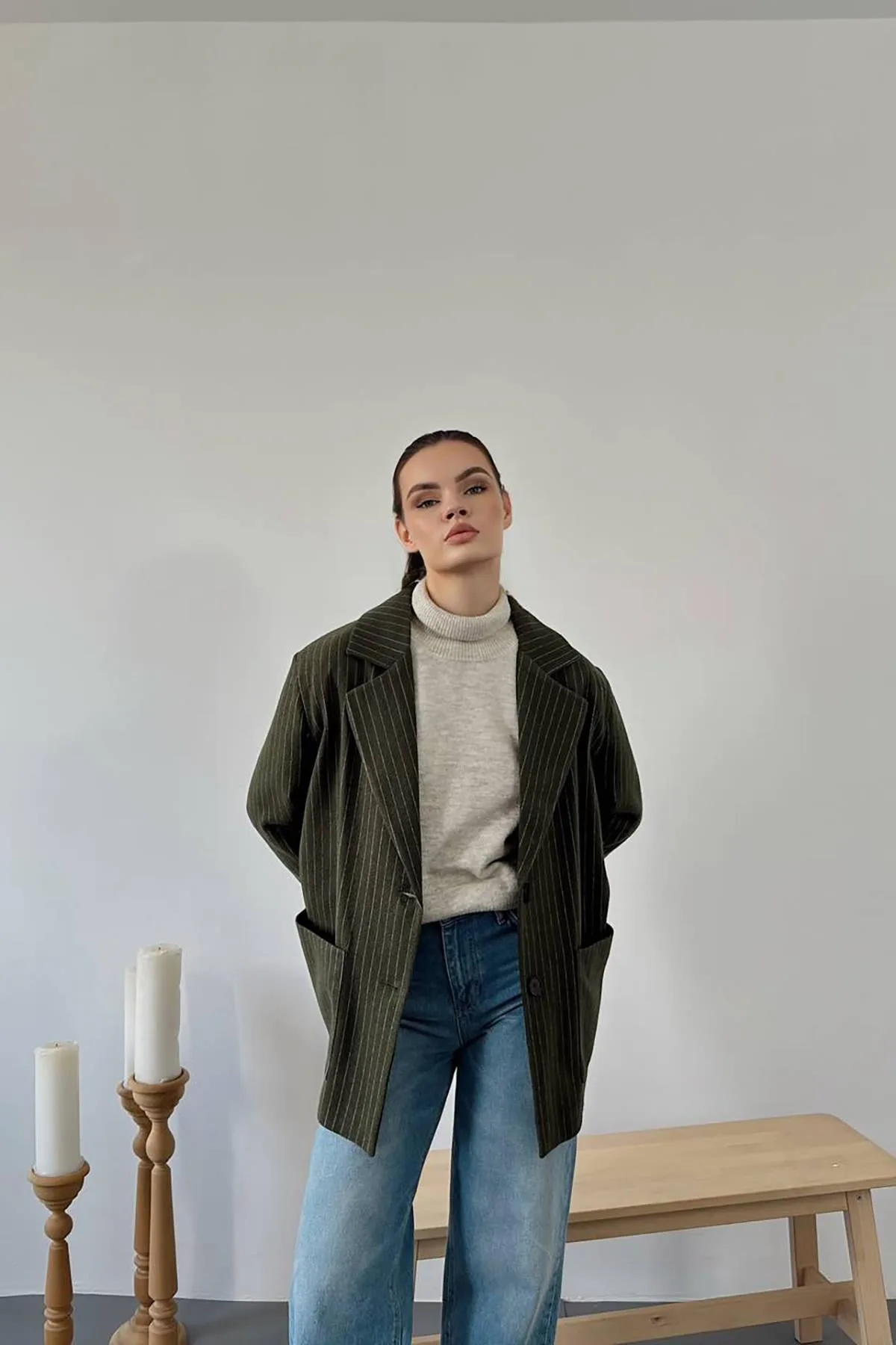 Haki Çizgili Oversize Ceket - Haki